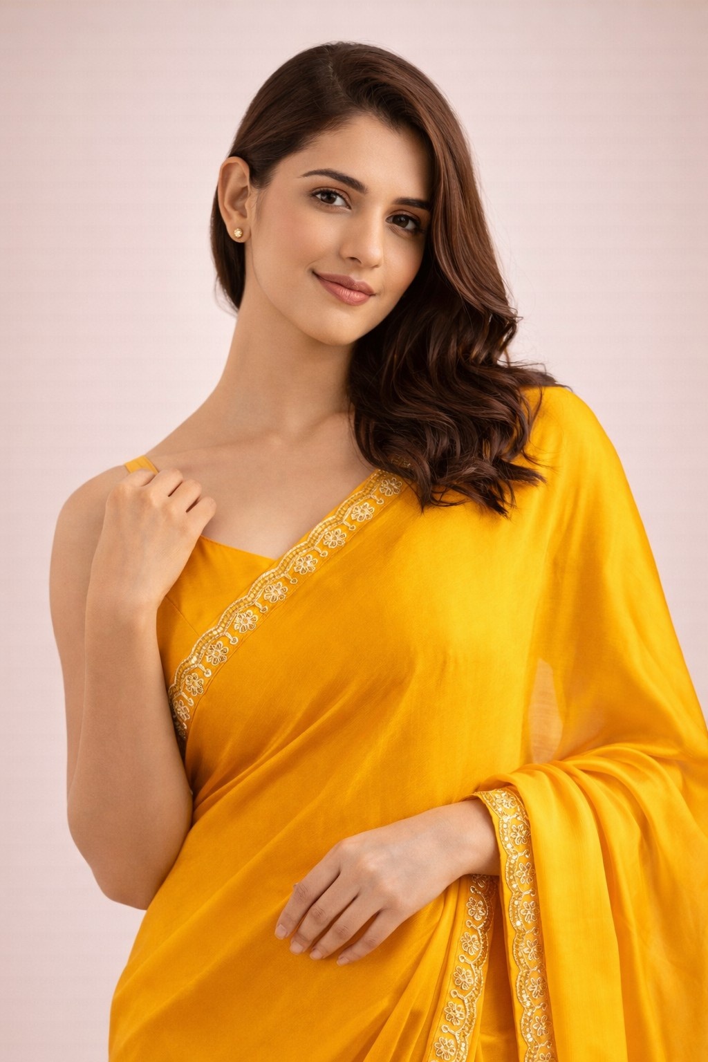 Yellow Satin Ready To Wear Saree