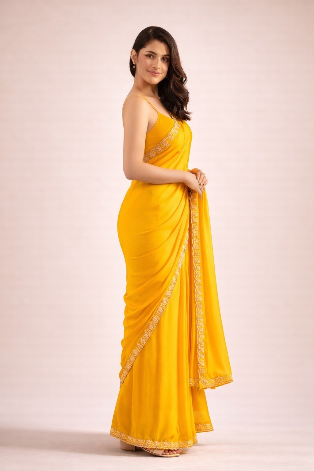 Yellow Satin Ready To Wear Saree