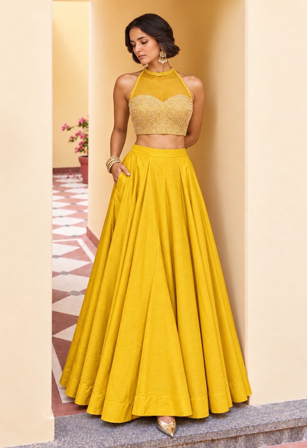 Yellow Sequins Embroidery Roman Silk Lehenga Choli