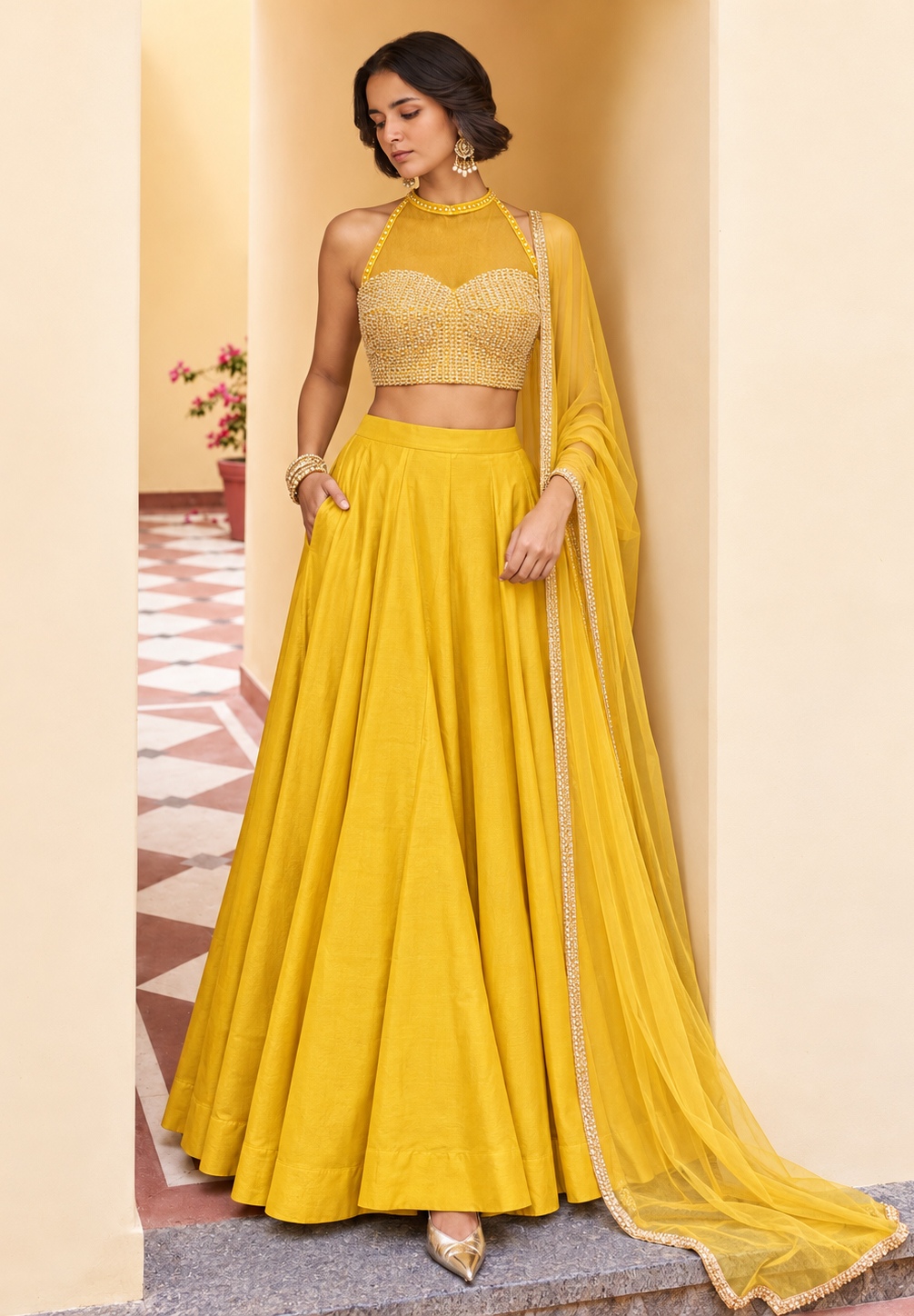 Yellow Sequins Embroidery Roman Silk Lehenga Choli