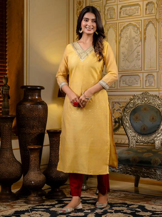 Yellow Shimmer Silk Embroidery Kurti