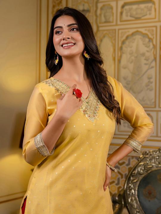 Yellow Shimmer Silk Embroidery Kurti — alternate view