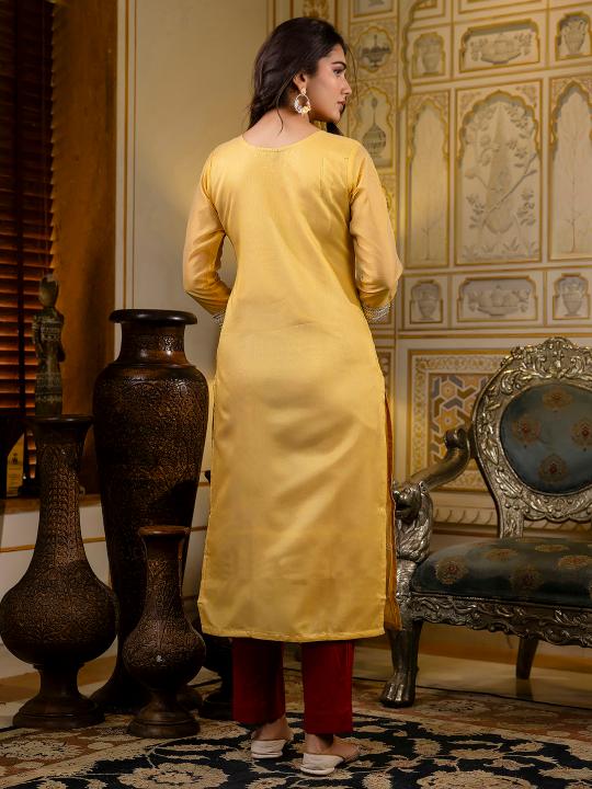 Yellow Shimmer Silk Embroidery Kurti