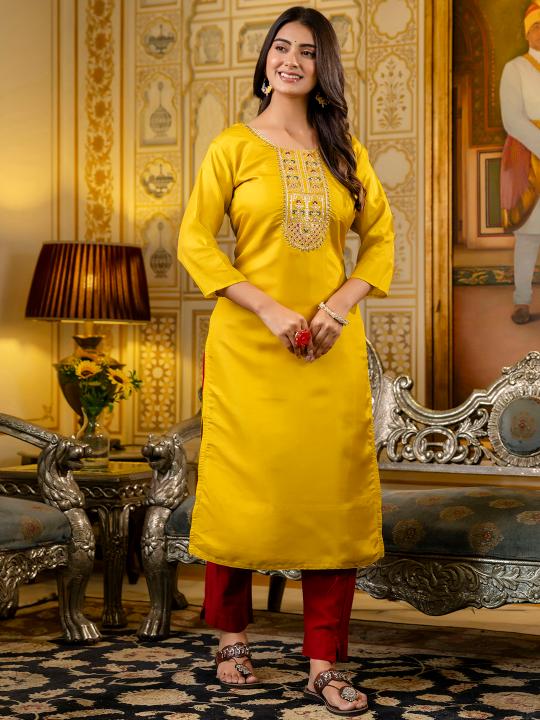 Yellow Shimmer Silk Embroidery Kurti