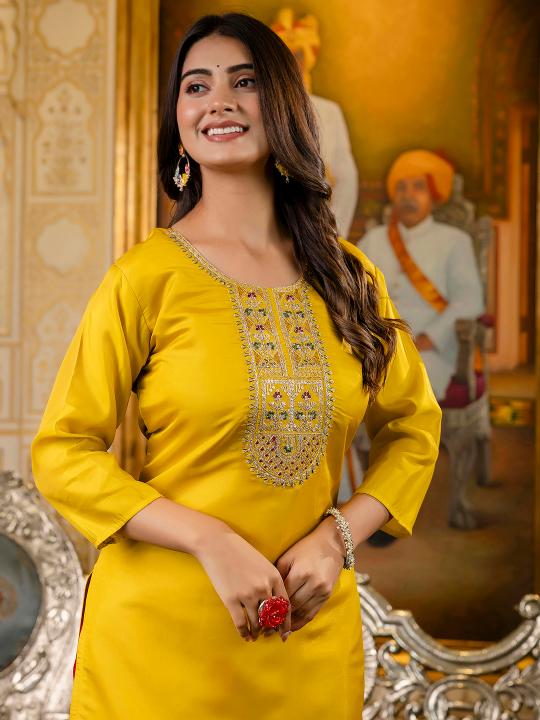 Yellow Shimmer Silk Embroidery Kurti — alternate view