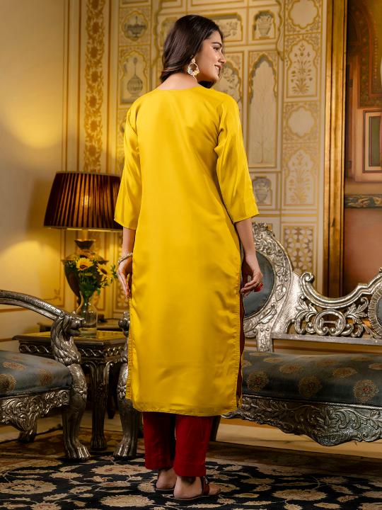 Yellow Shimmer Silk Embroidery Kurti