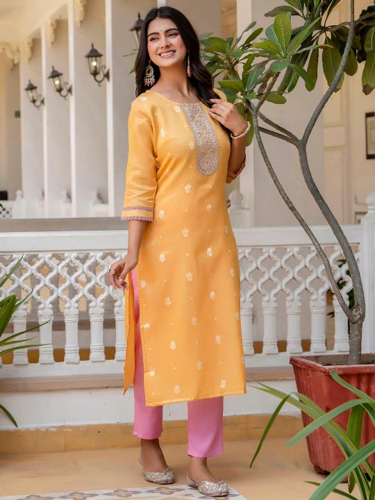 Yellow Shimmer Silk Embroidery Kurti