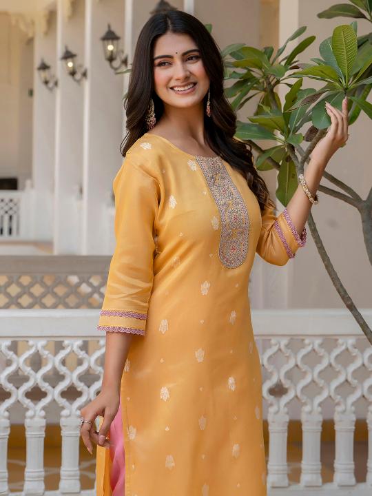 Yellow Shimmer Silk Embroidery Kurti — alternate view