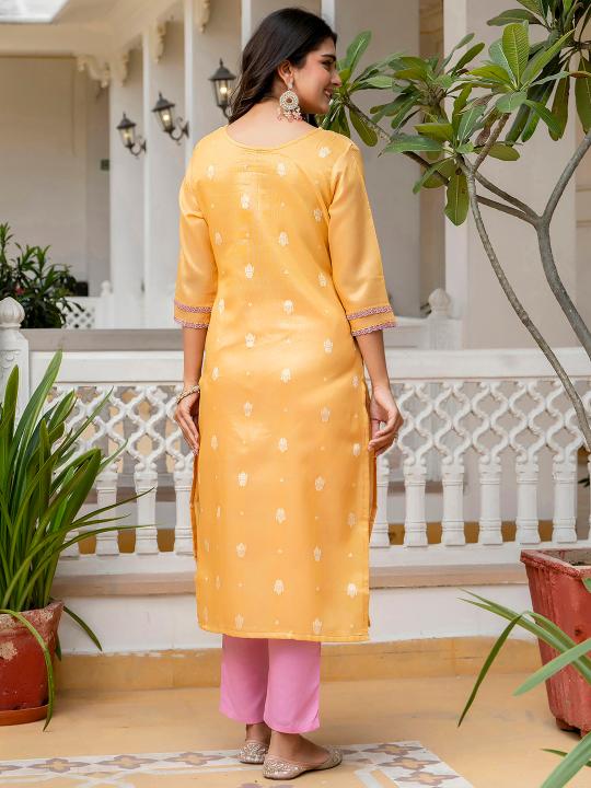 Yellow Shimmer Silk Embroidery Kurti