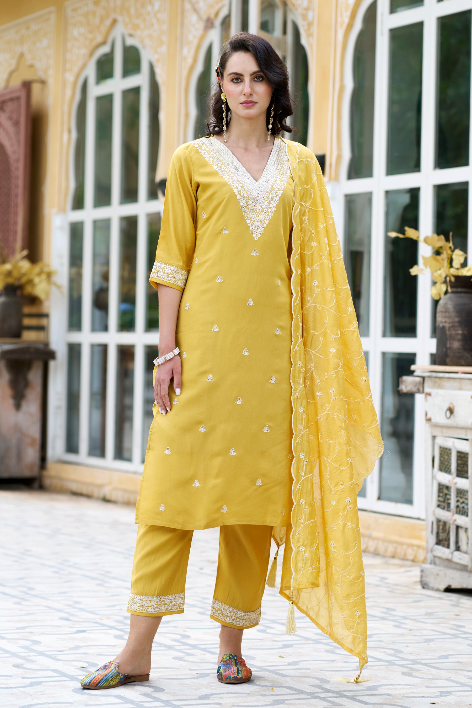 Yellow Silk Blend Embroidered Salwar Suit