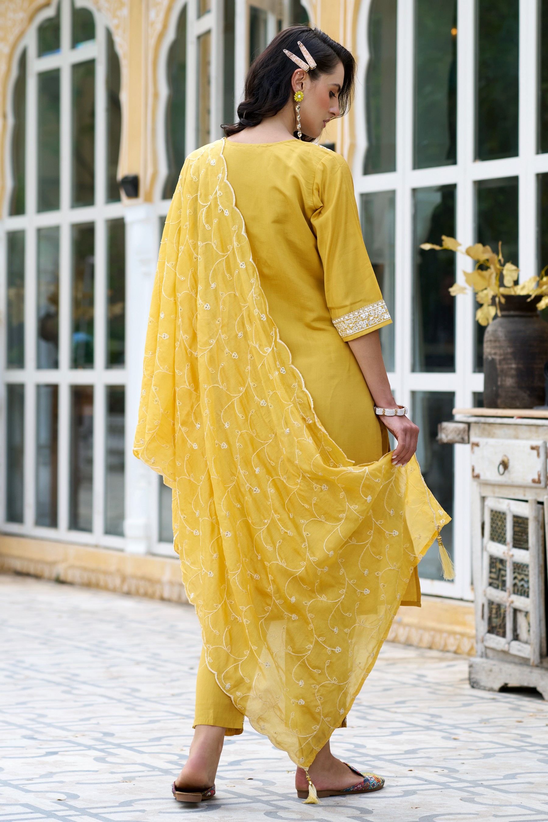Yellow Silk Blend Embroidered Salwar Suit — alternate view