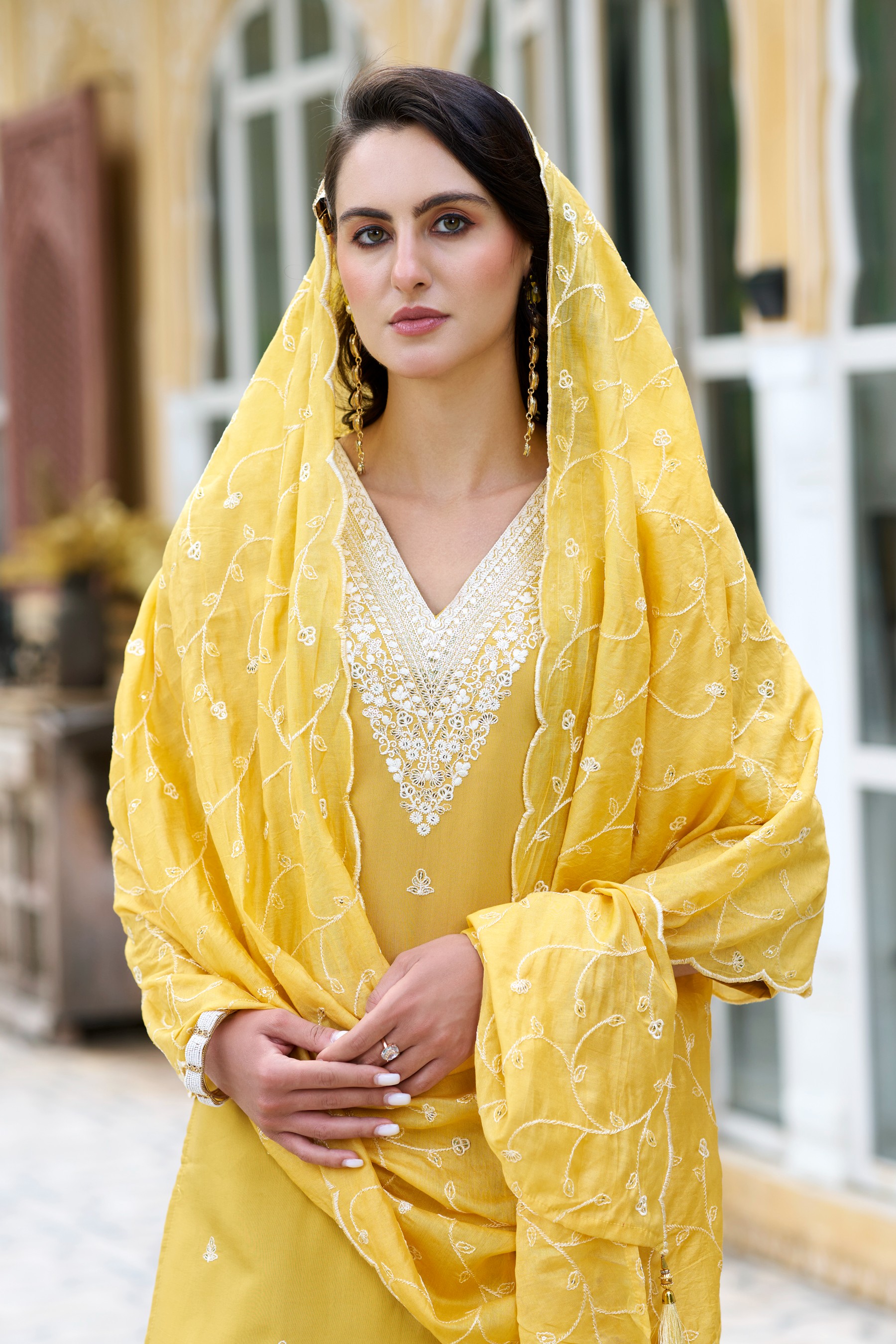 Yellow Silk Blend Embroidered Salwar Suit
