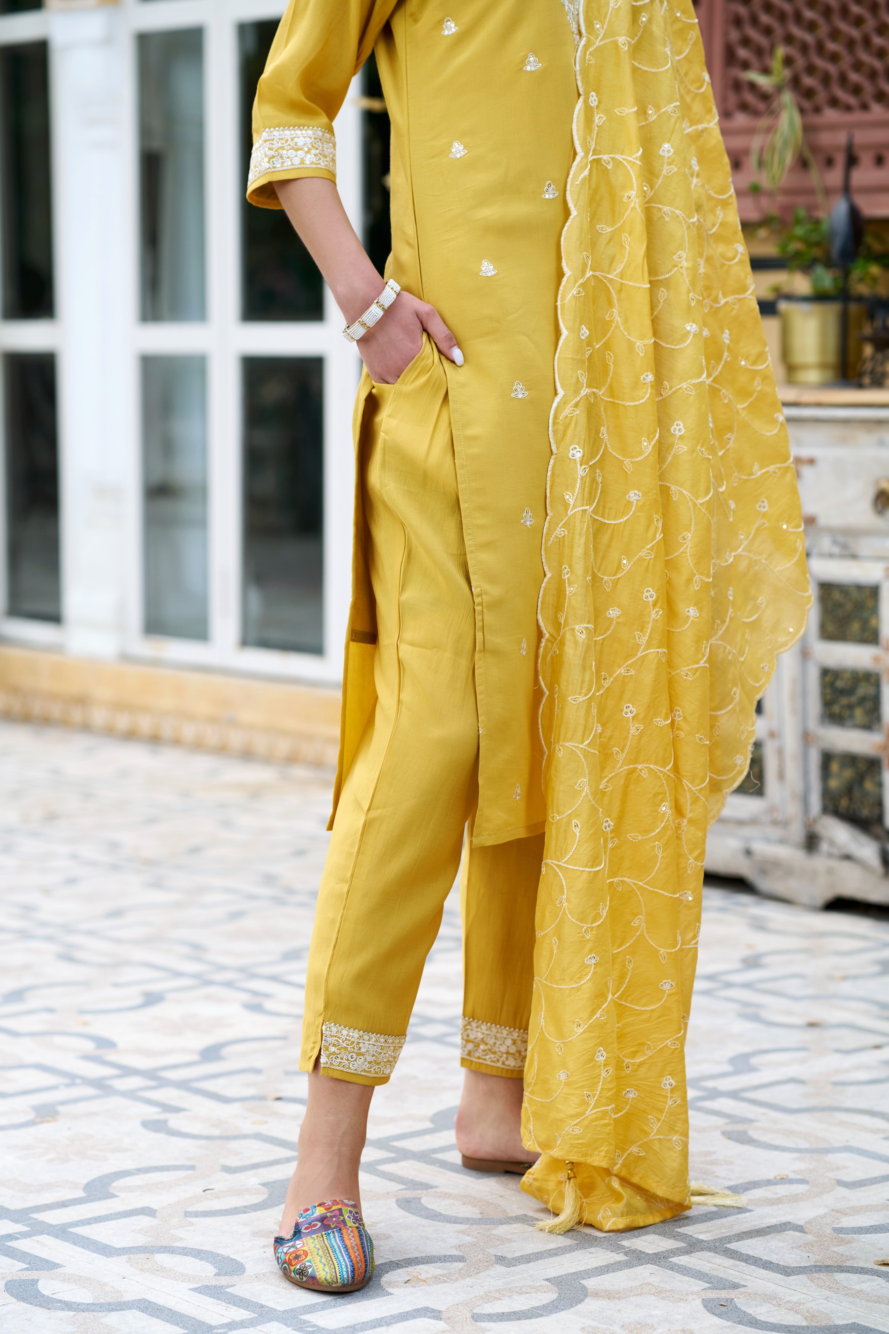 Yellow Silk Blend Embroidered Salwar Suit