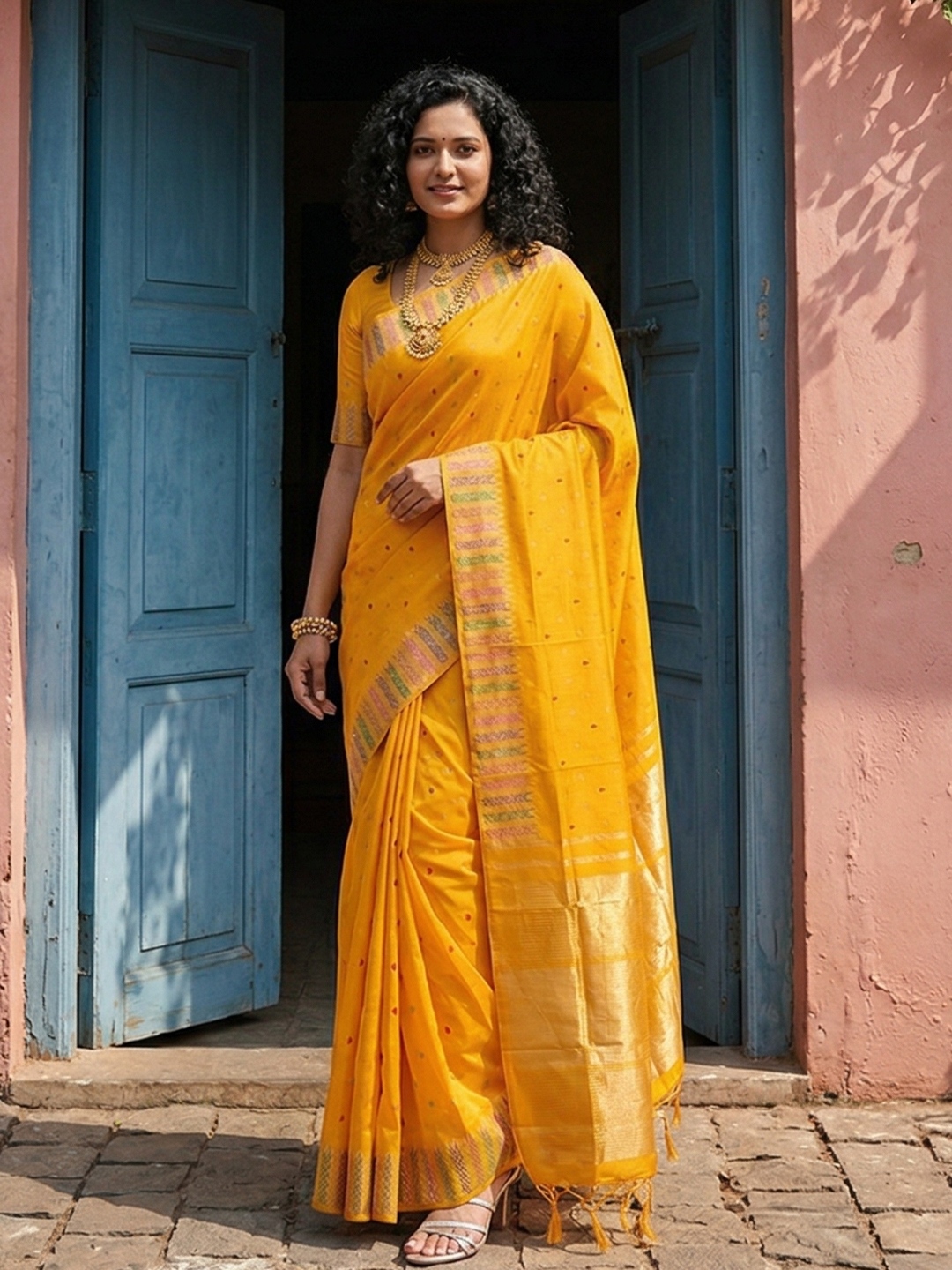 Yellow Silk Blend Woven Ornamental Saree