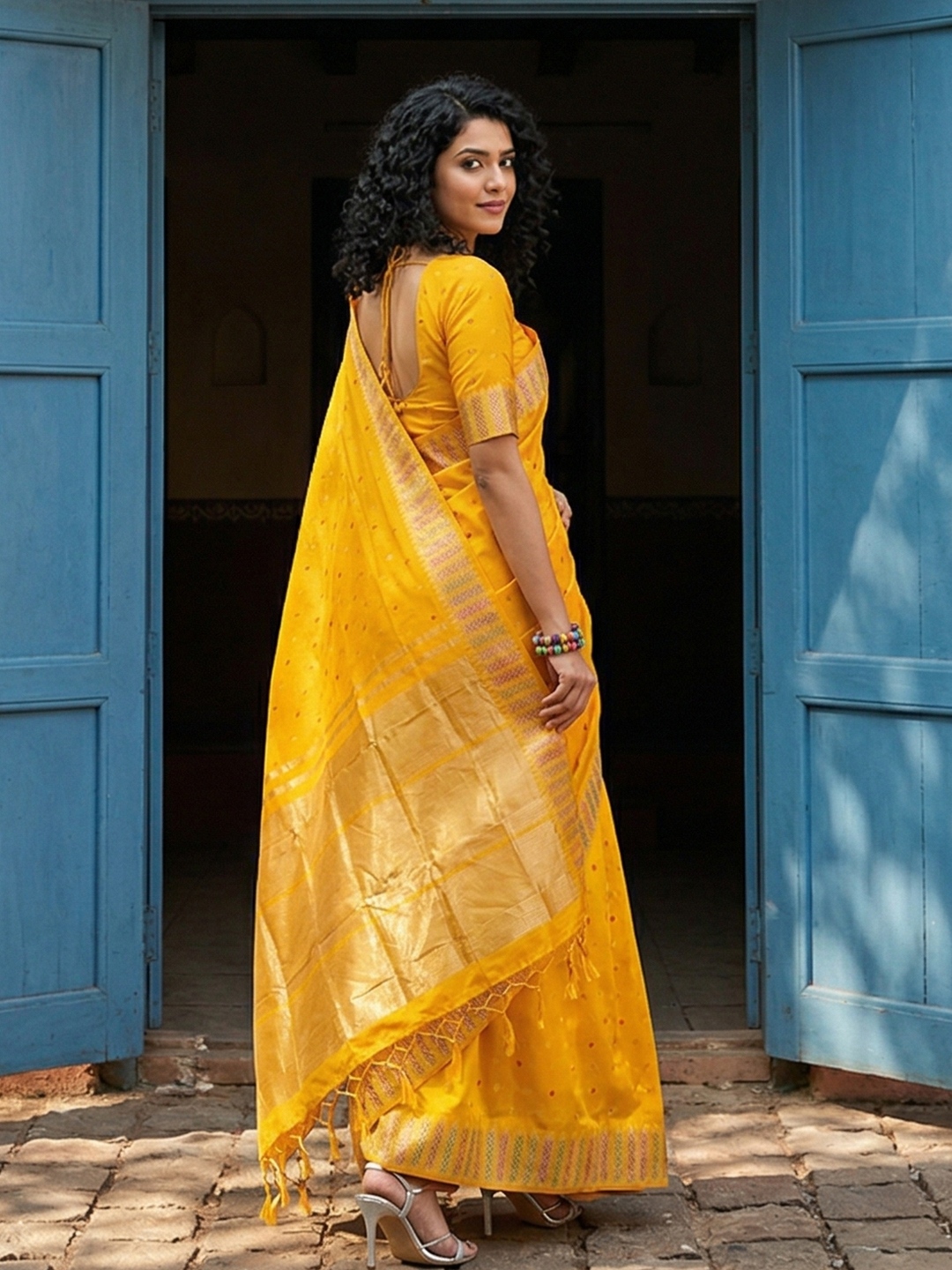Yellow Silk Blend Woven Ornamental Saree — alternate view