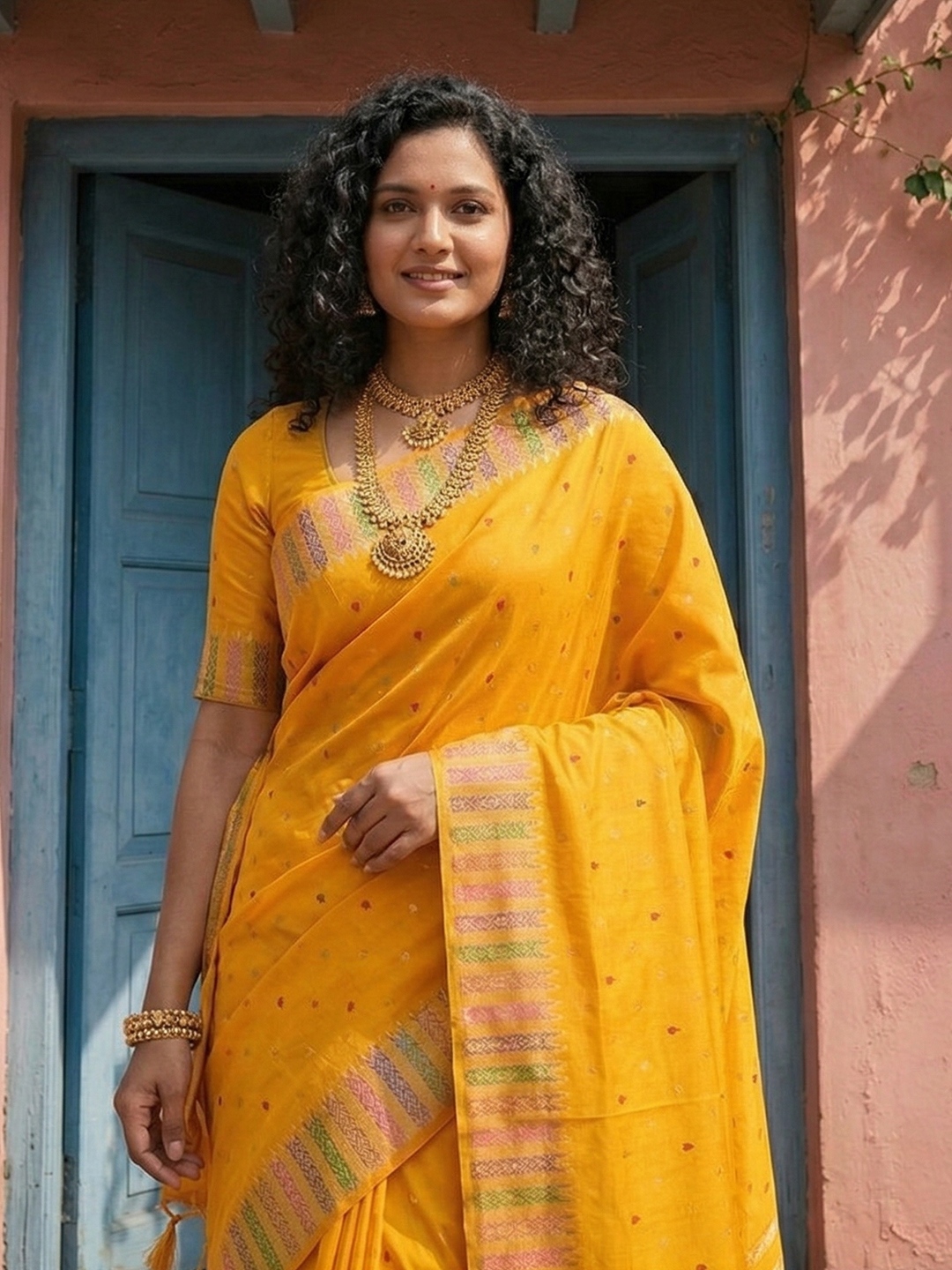Yellow Silk Blend Woven Ornamental Saree