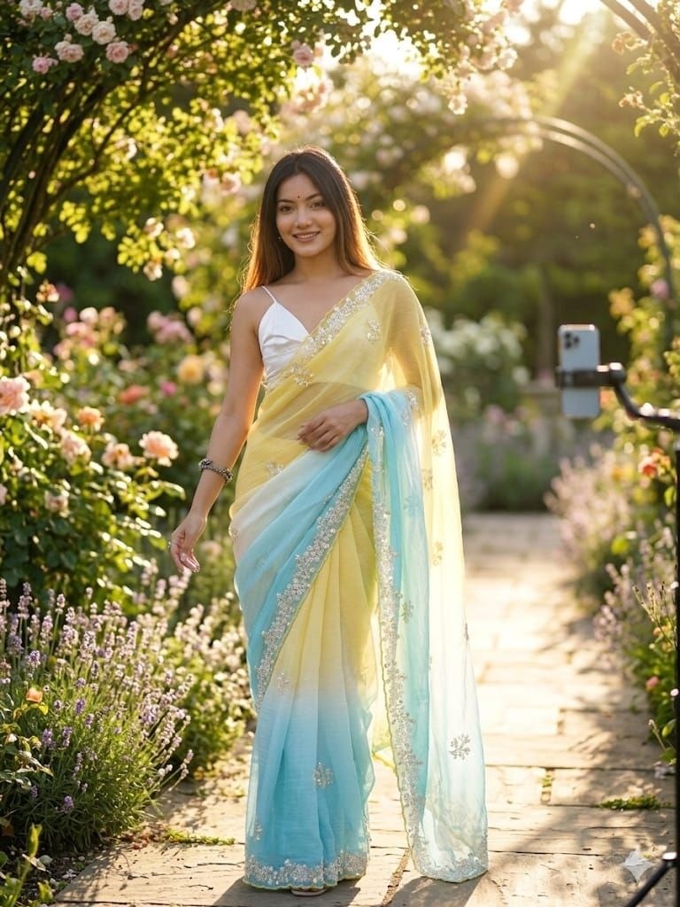 Yellow-Sky Blue Pixel Crush Saree