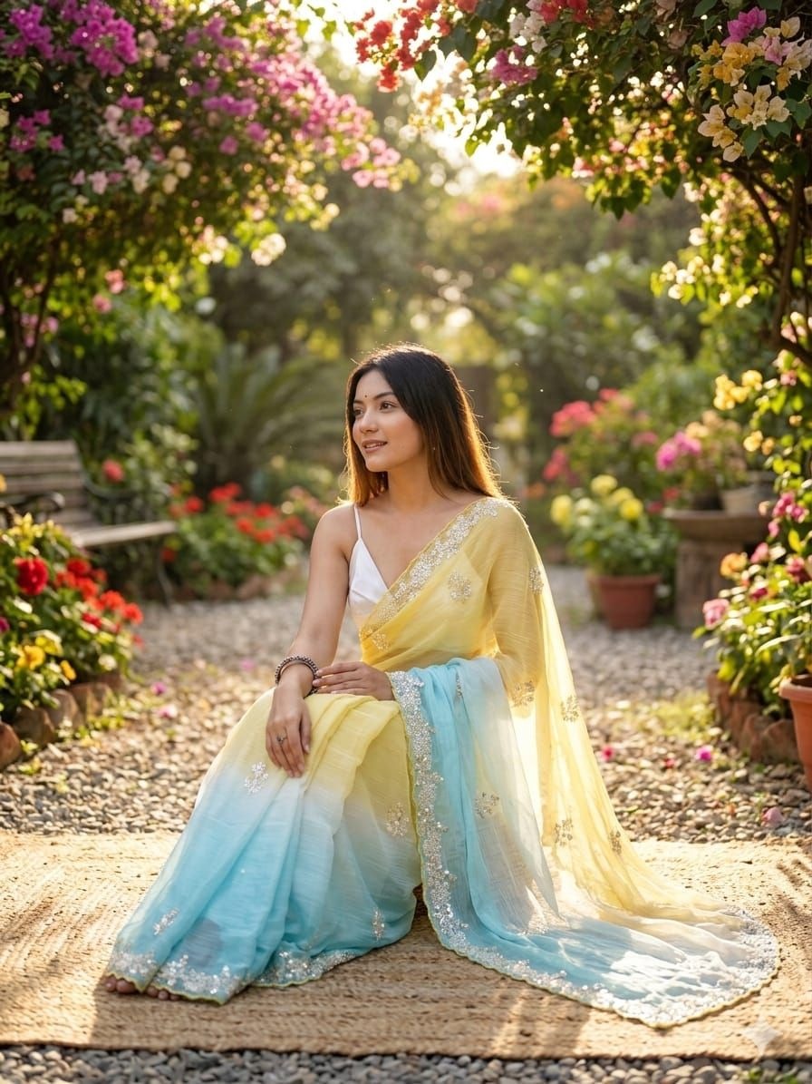 Yellow-Sky Blue Pixel Crush Saree