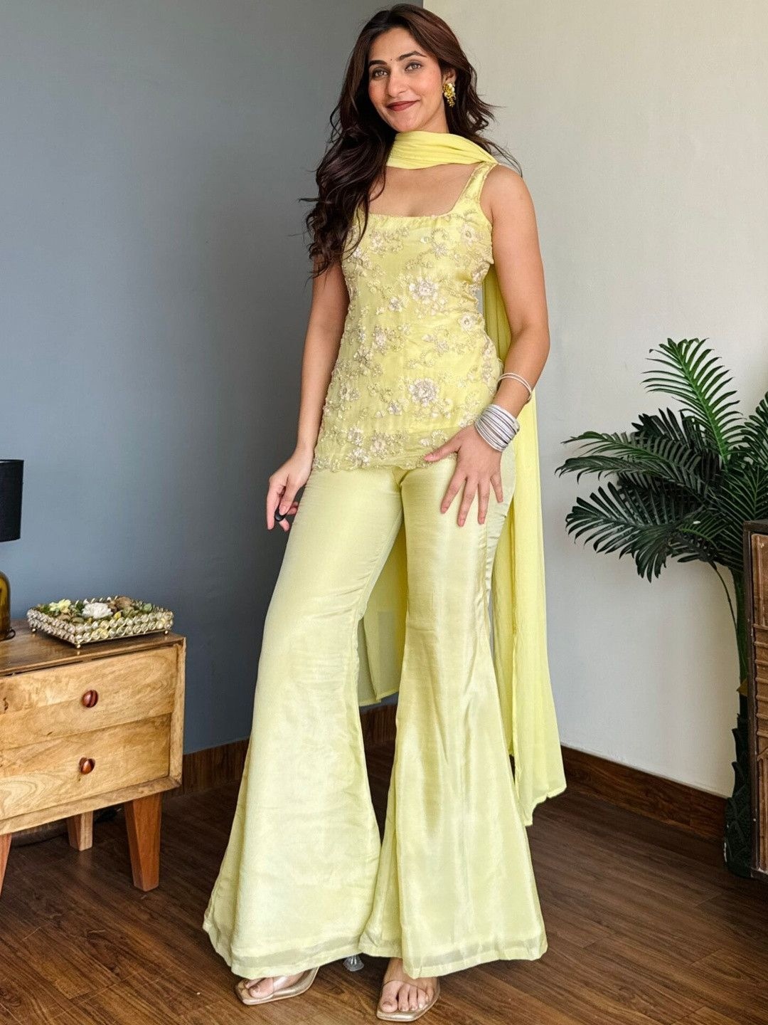 Yellow Solid Embroidered Faux Georgette Palazzo Suit