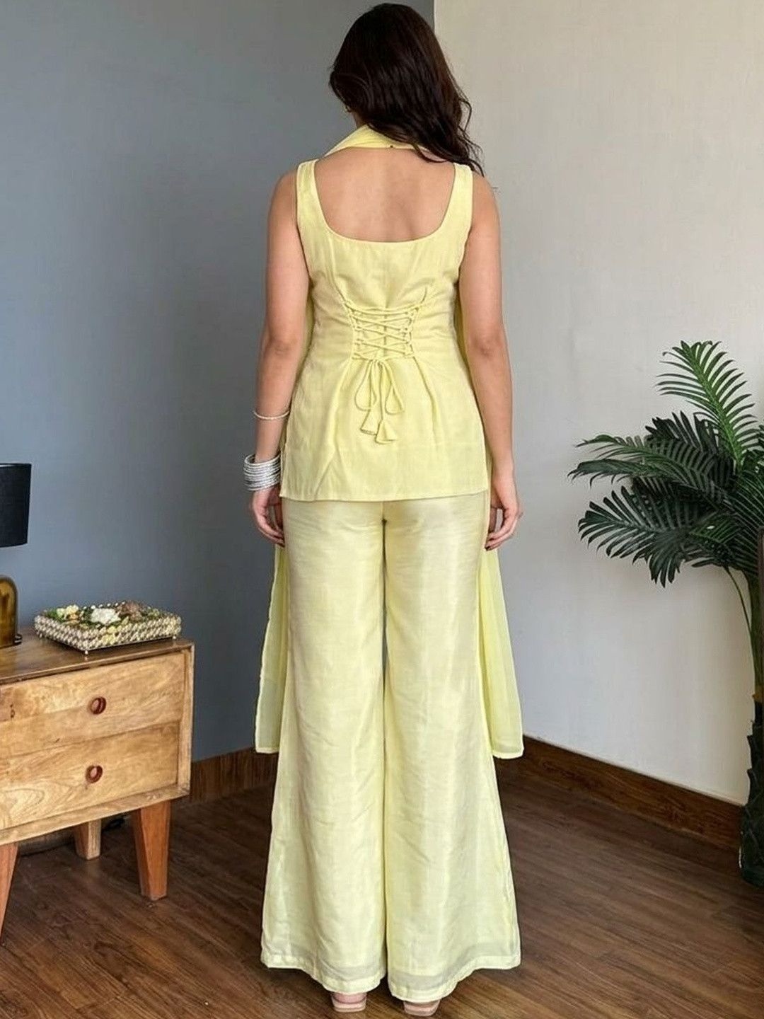 Yellow Solid Embroidered Faux Georgette Palazzo Suit — alternate view