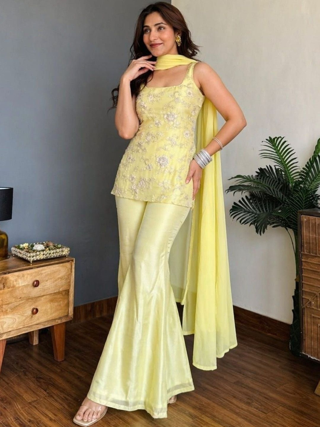 Yellow Solid Embroidered Faux Georgette Palazzo Suit