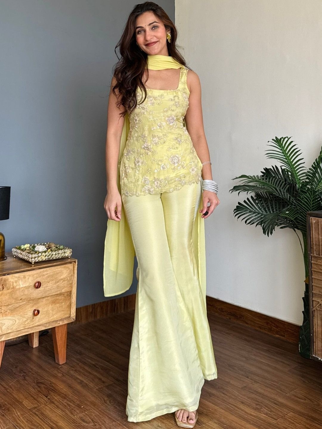 Yellow Solid Embroidered Faux Georgette Palazzo Suit
