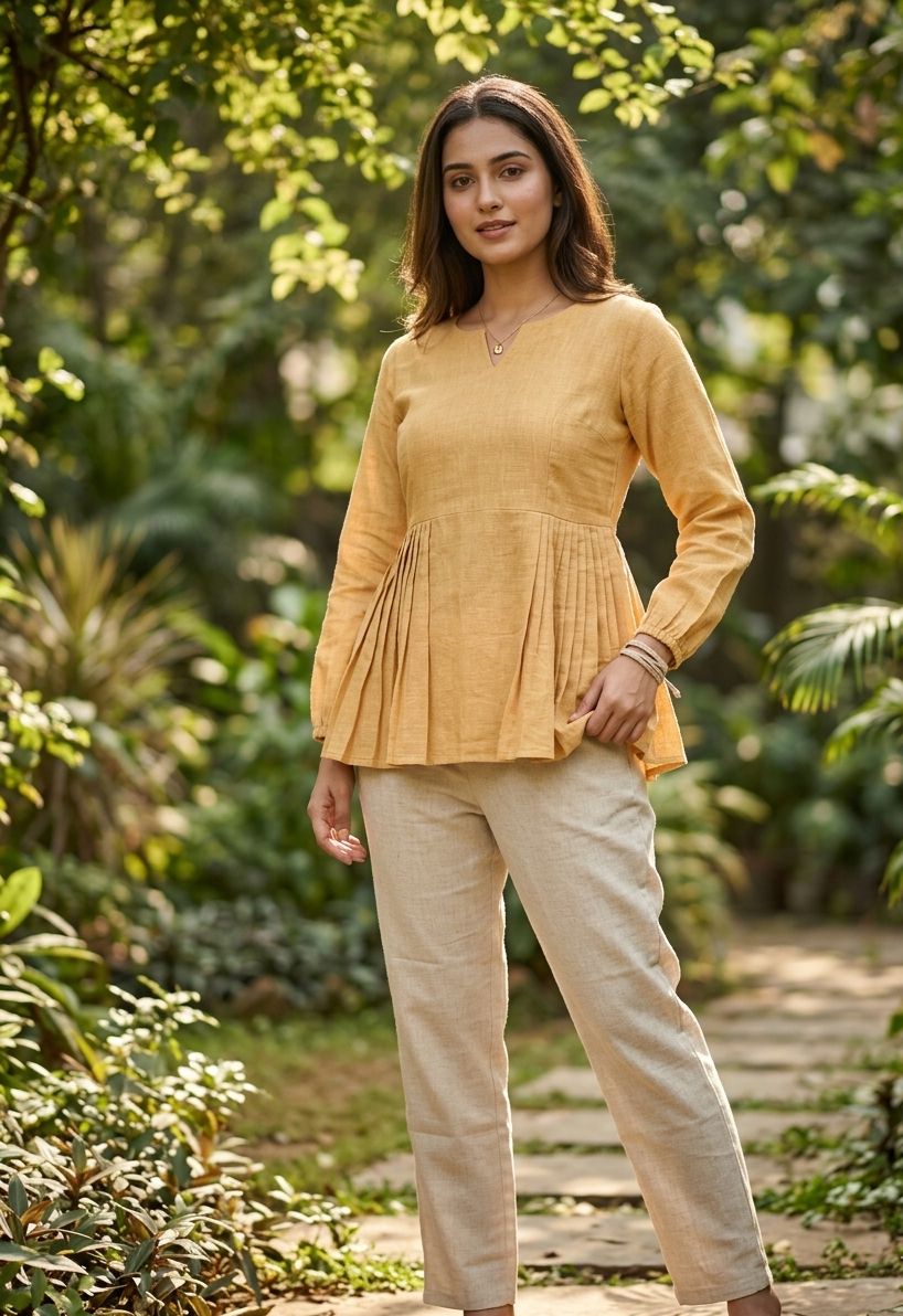 Yellow Solid Linen Cotton Designer Co-Ord Set