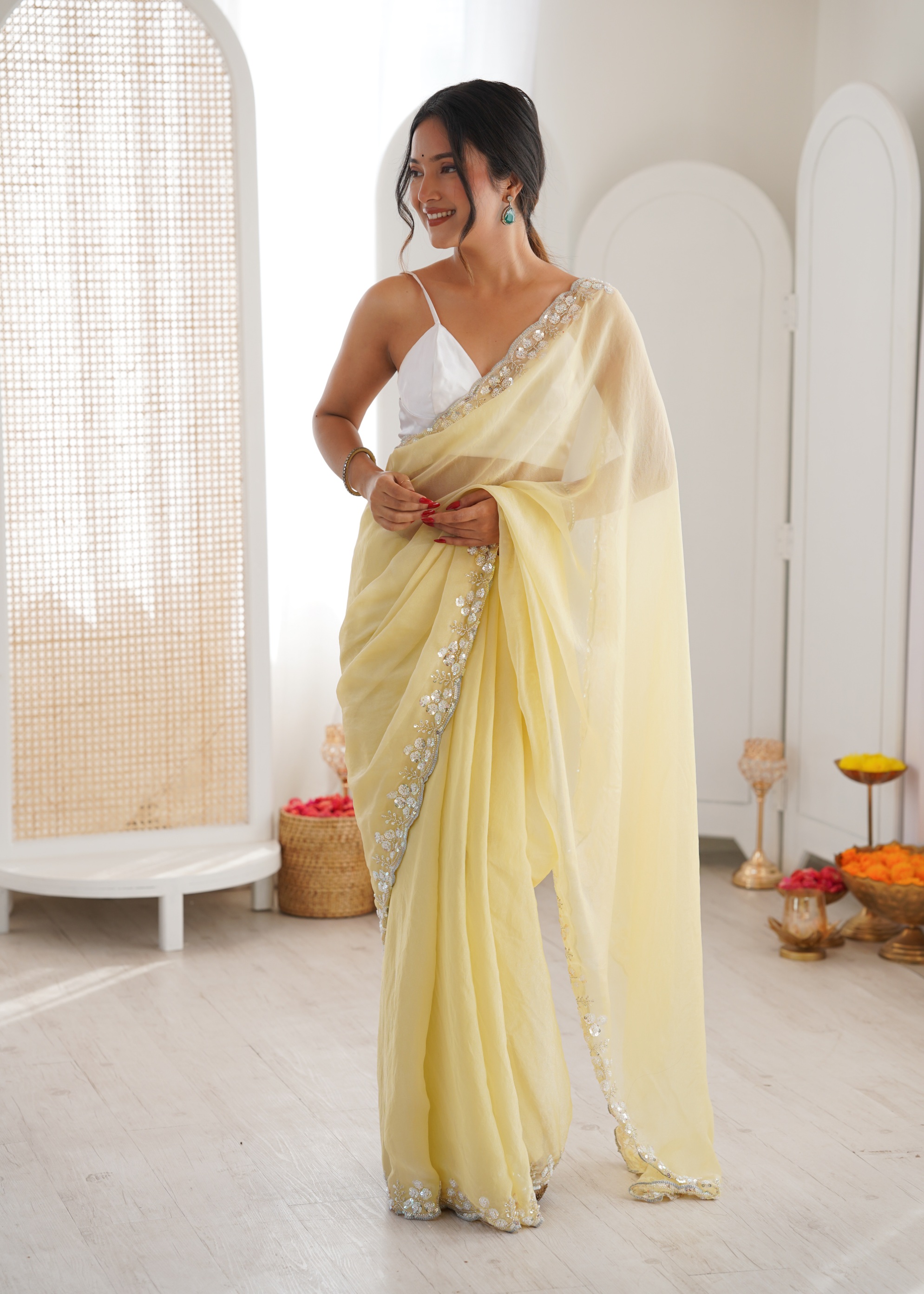 Yellow Solid Sequin Organza Saree