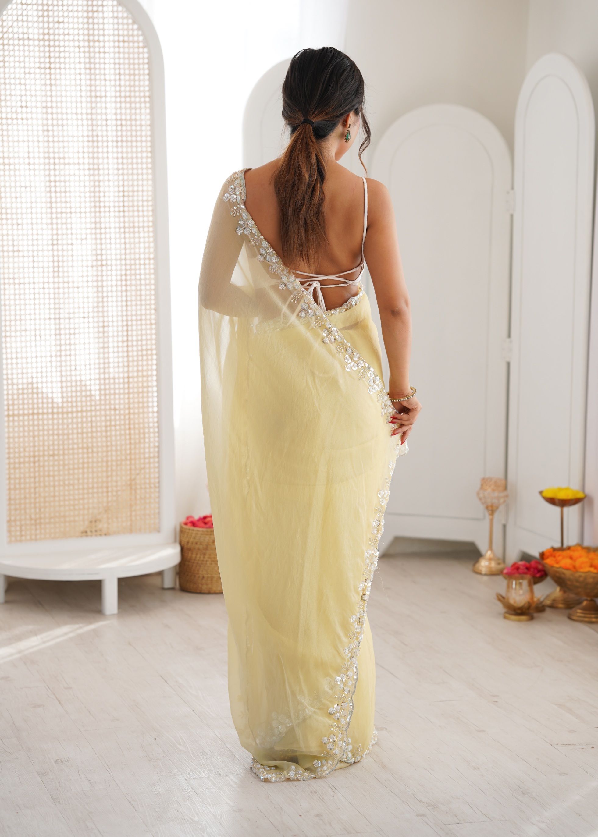 Yellow Solid Sequin Organza Saree — alternate view