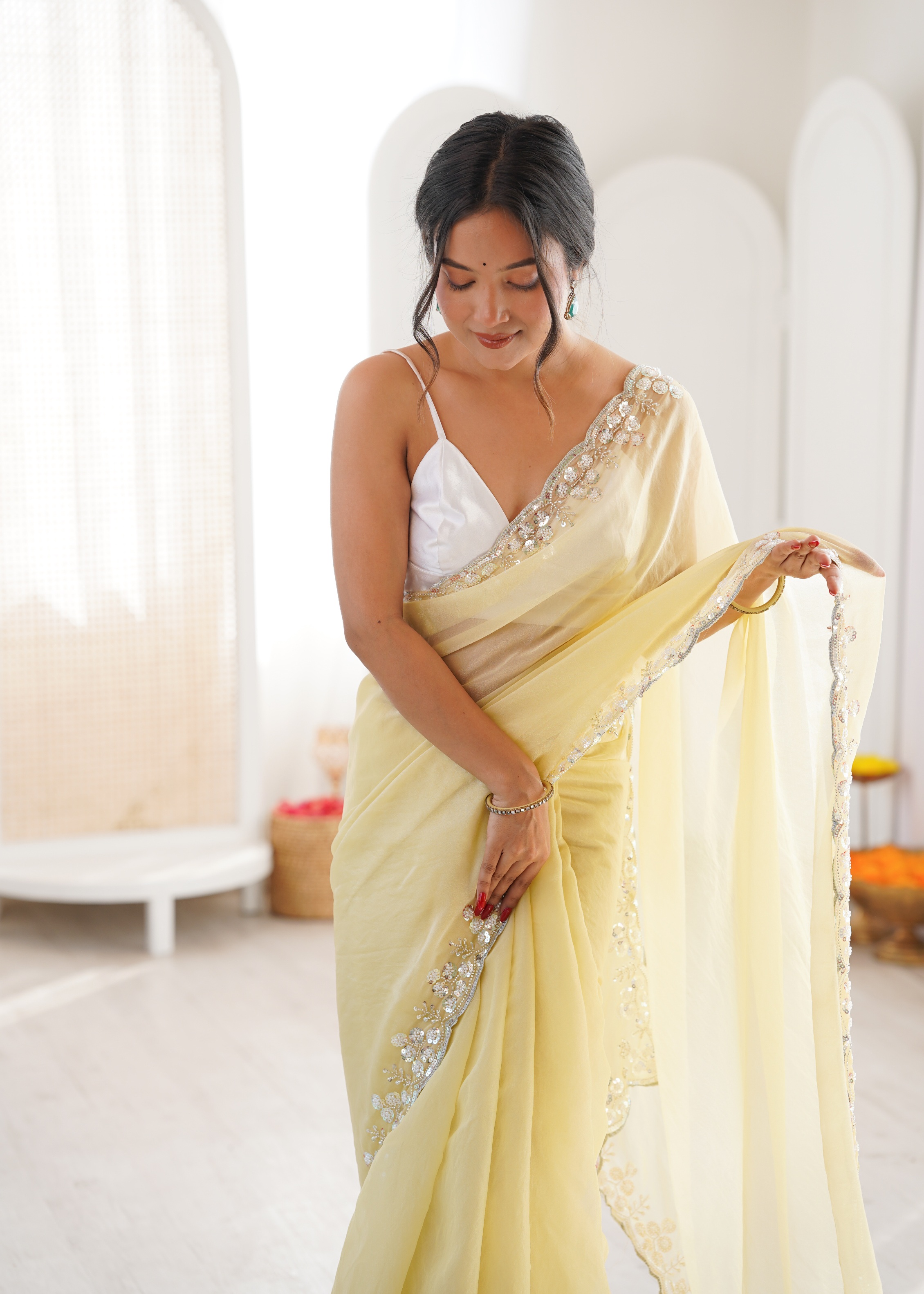 Yellow Solid Sequin Organza Saree
