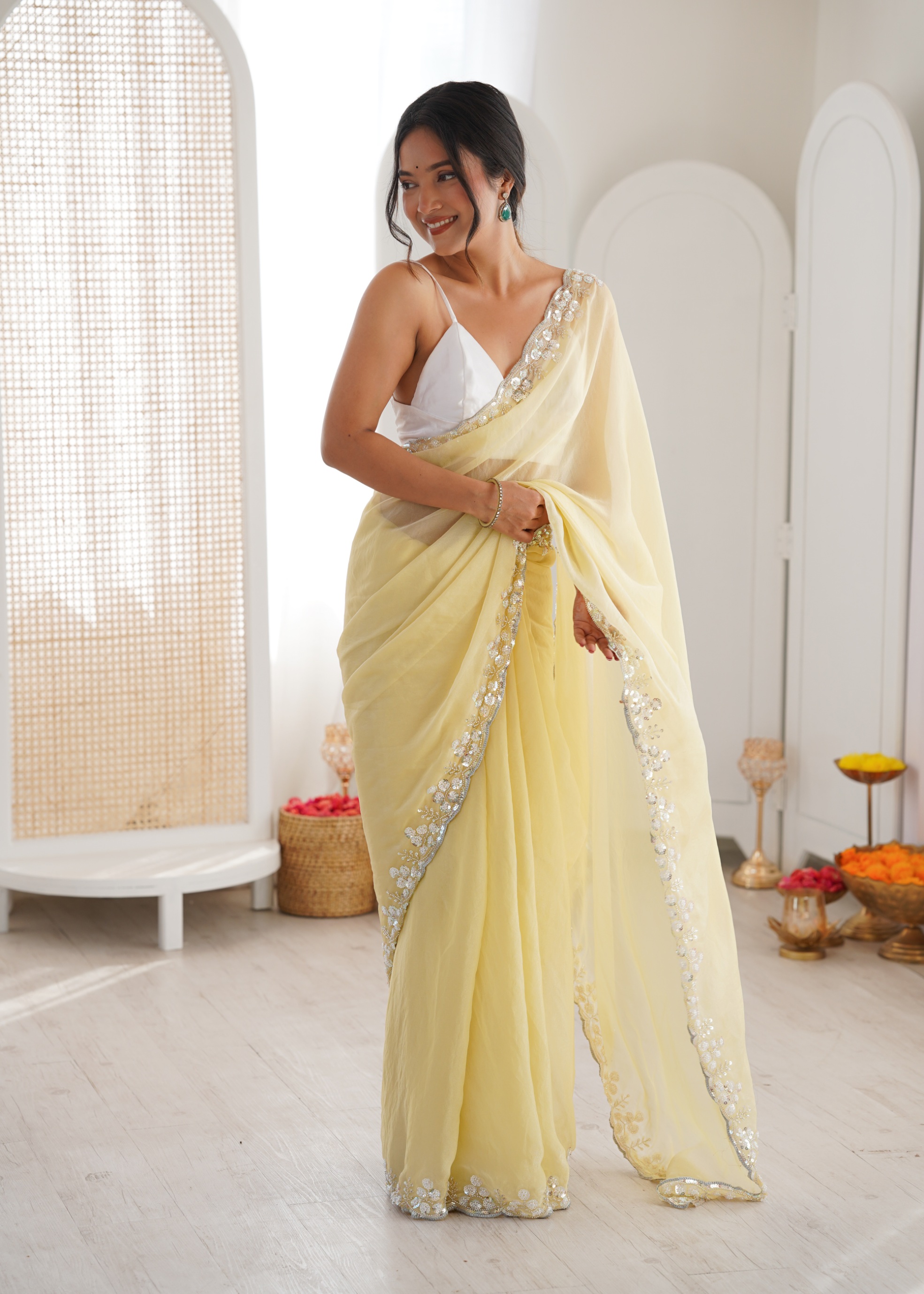 Yellow Solid Sequin Organza Saree