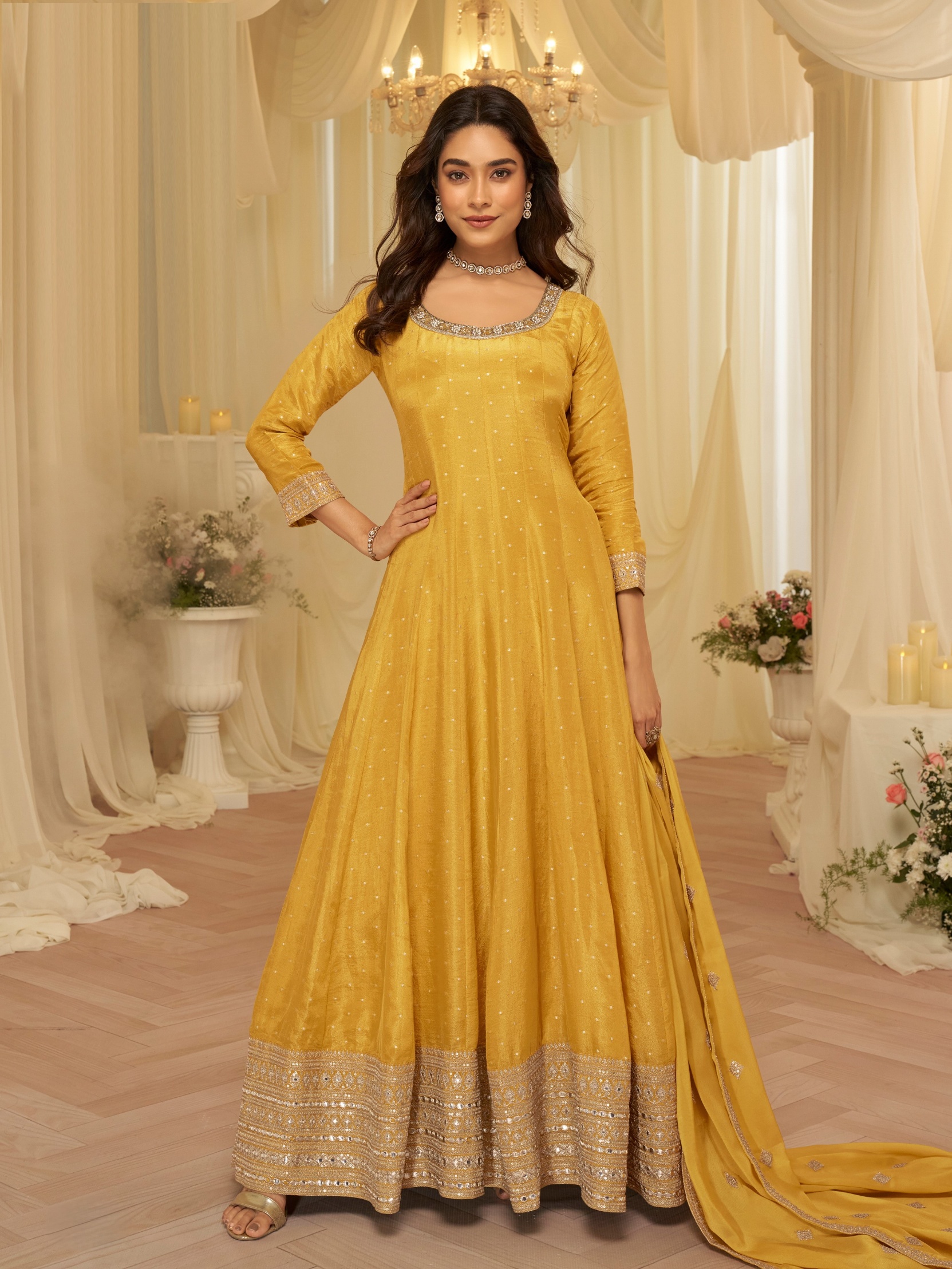 Yellow Solid Zari Viscose Anarkali Gown