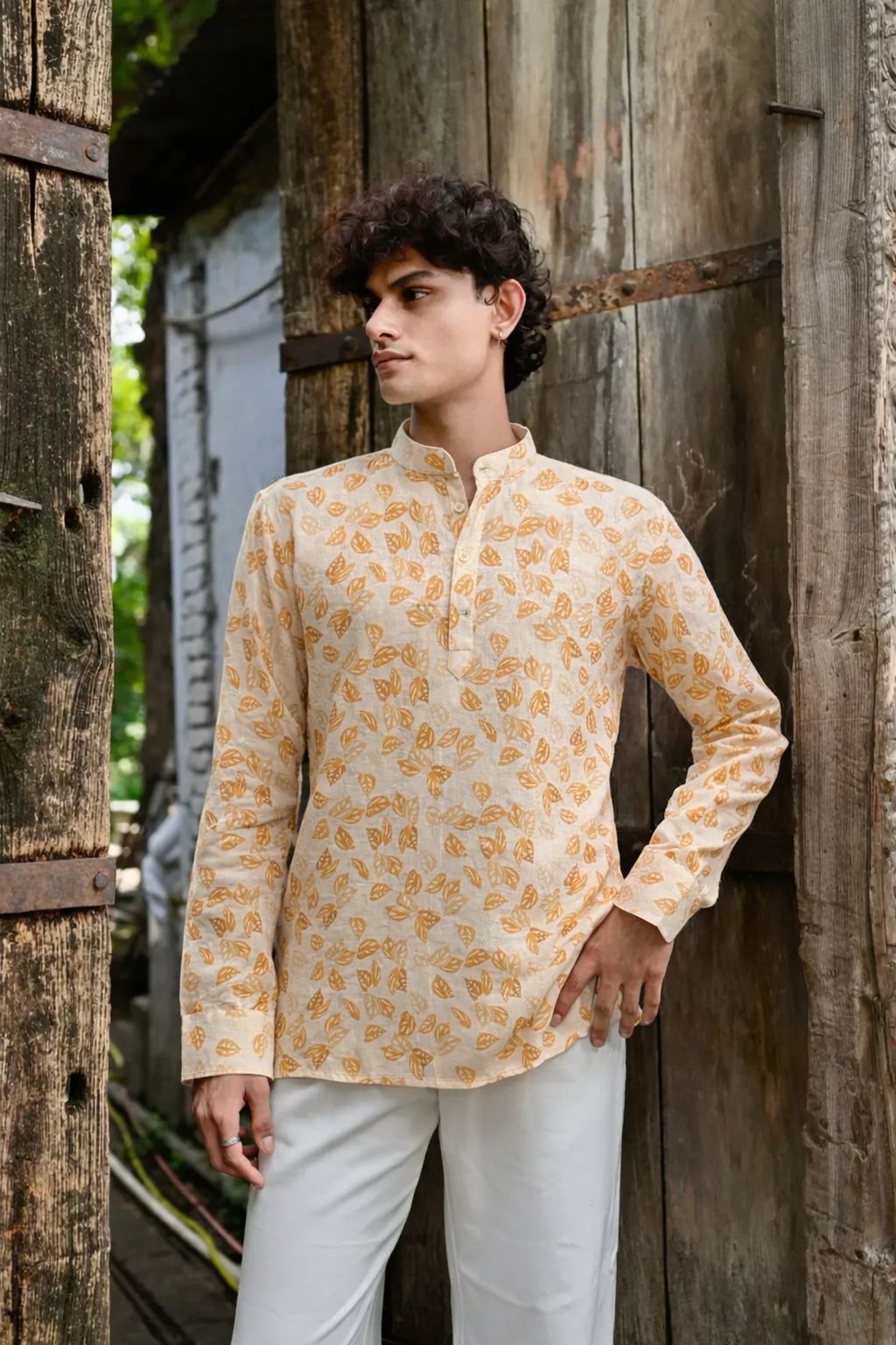 Yellow Stripe Printed Linen Kurta