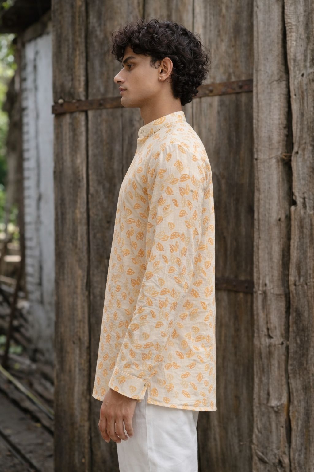 Yellow Stripe Printed Linen Kurta