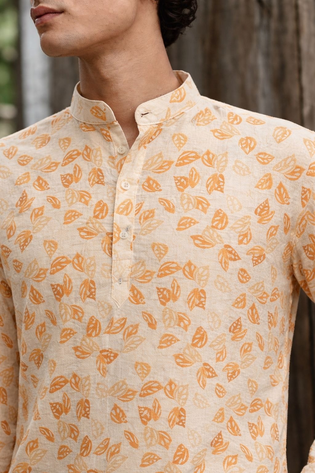 Yellow Stripe Printed Linen Kurta