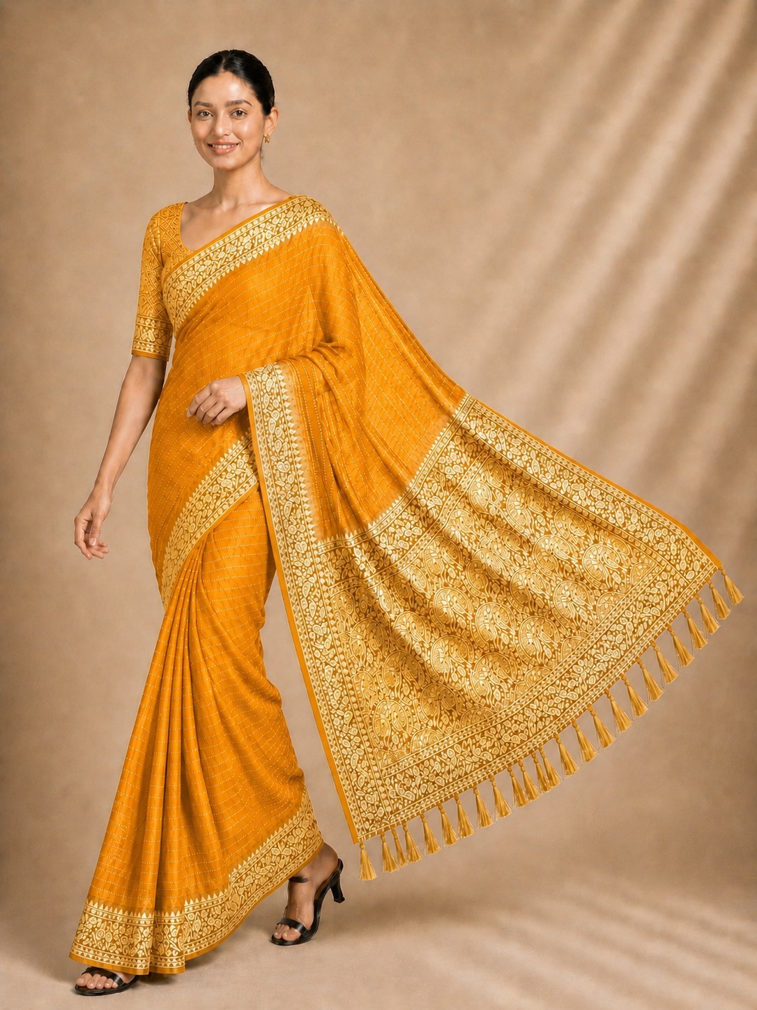 Yellow Stripe Woven Chiffon Saree