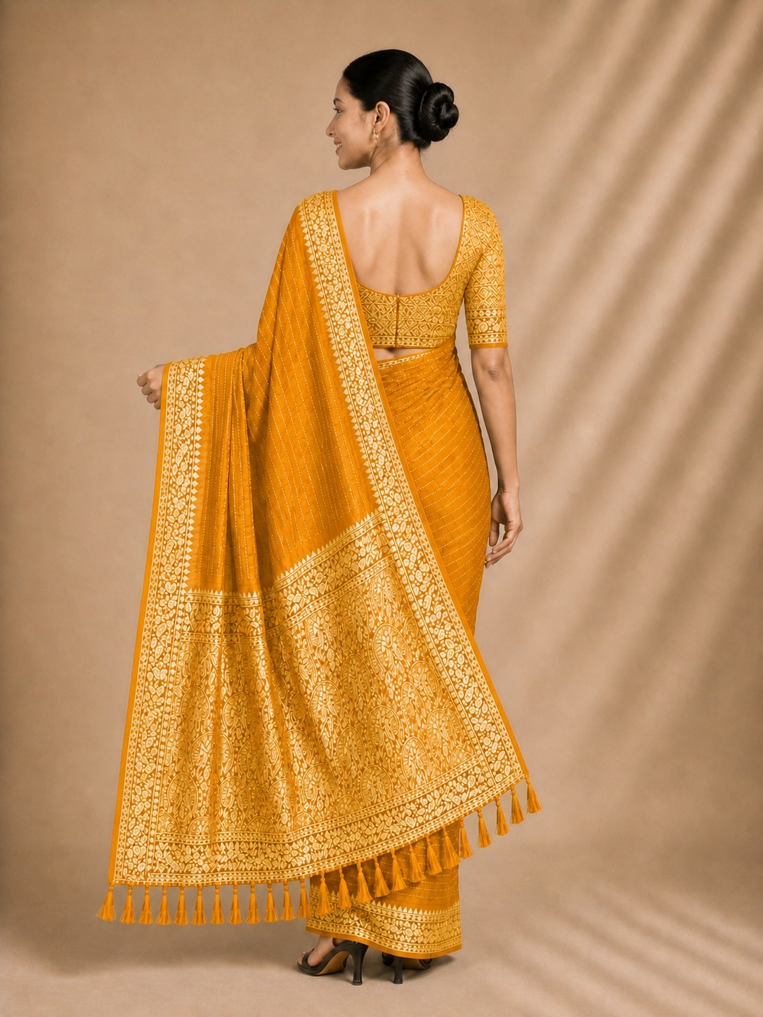 Yellow Stripe Woven Chiffon Saree — alternate view
