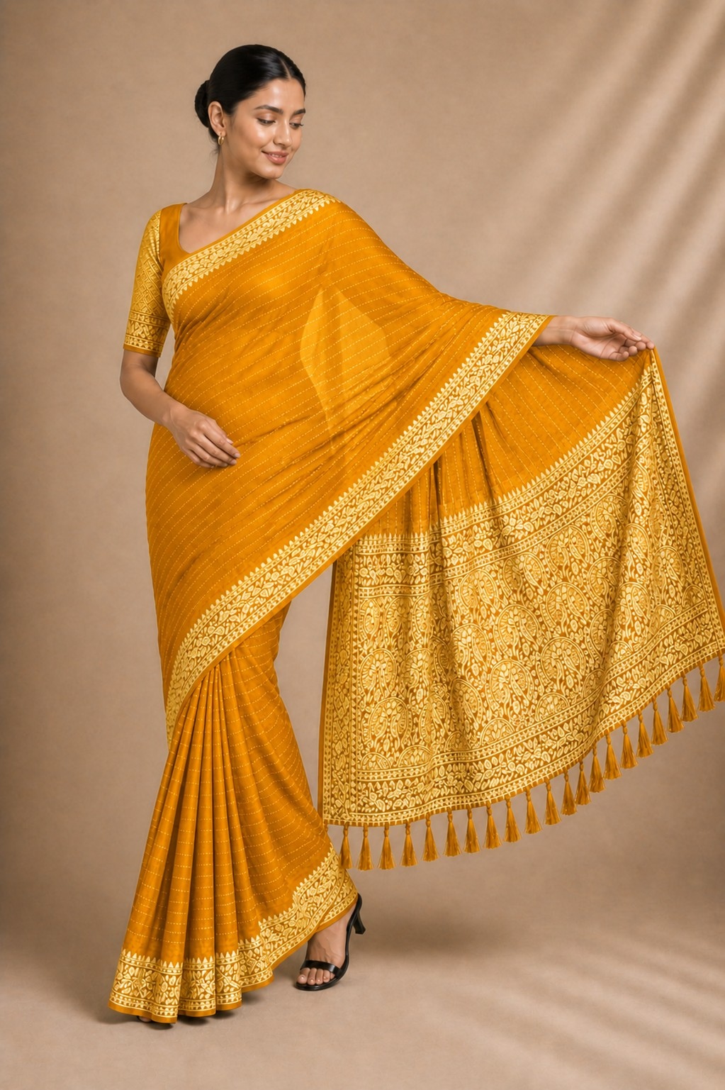Yellow Stripe Woven Chiffon Saree