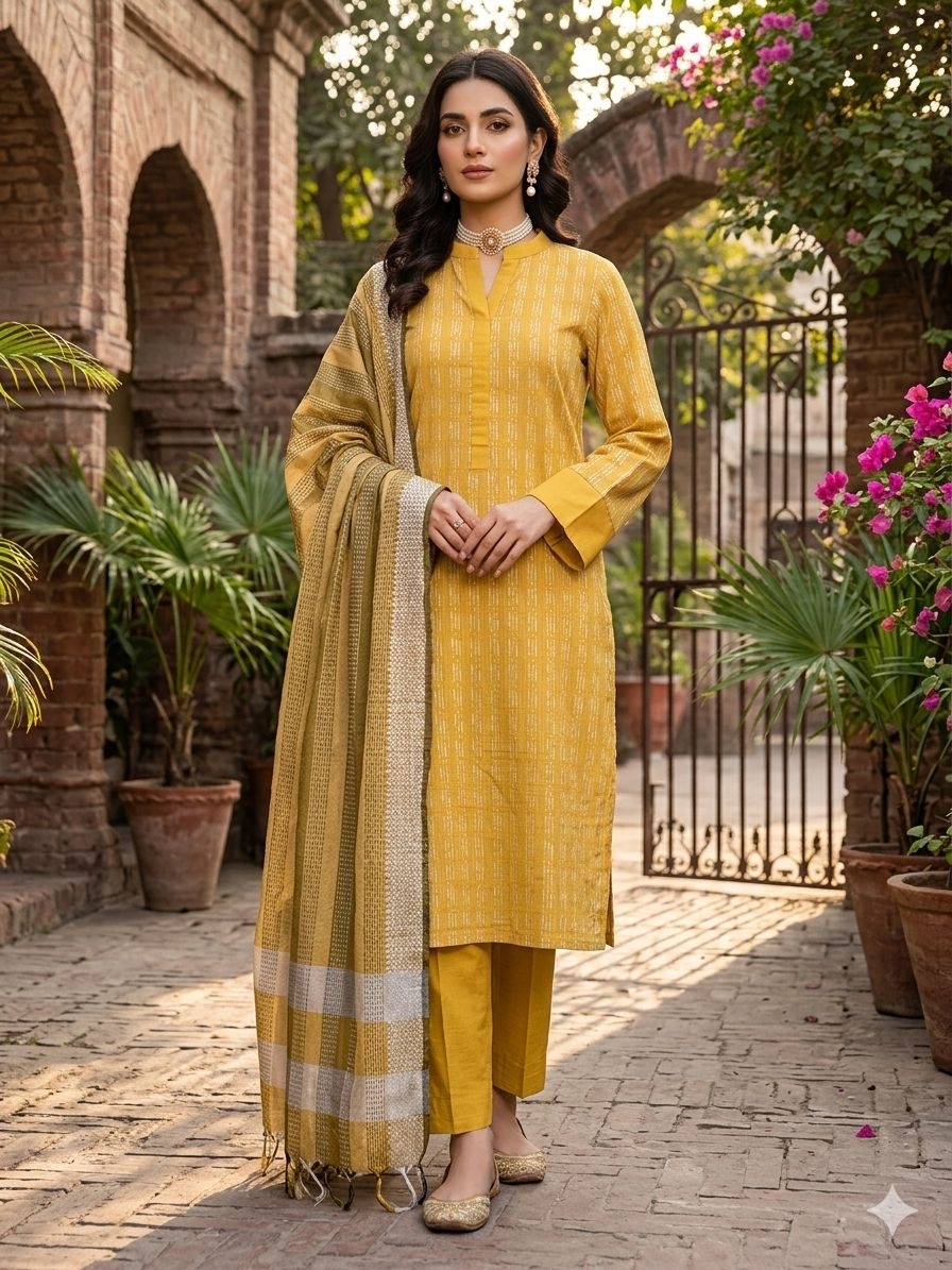 Yellow Striped Weaving Cotton Straight Salwar Suit