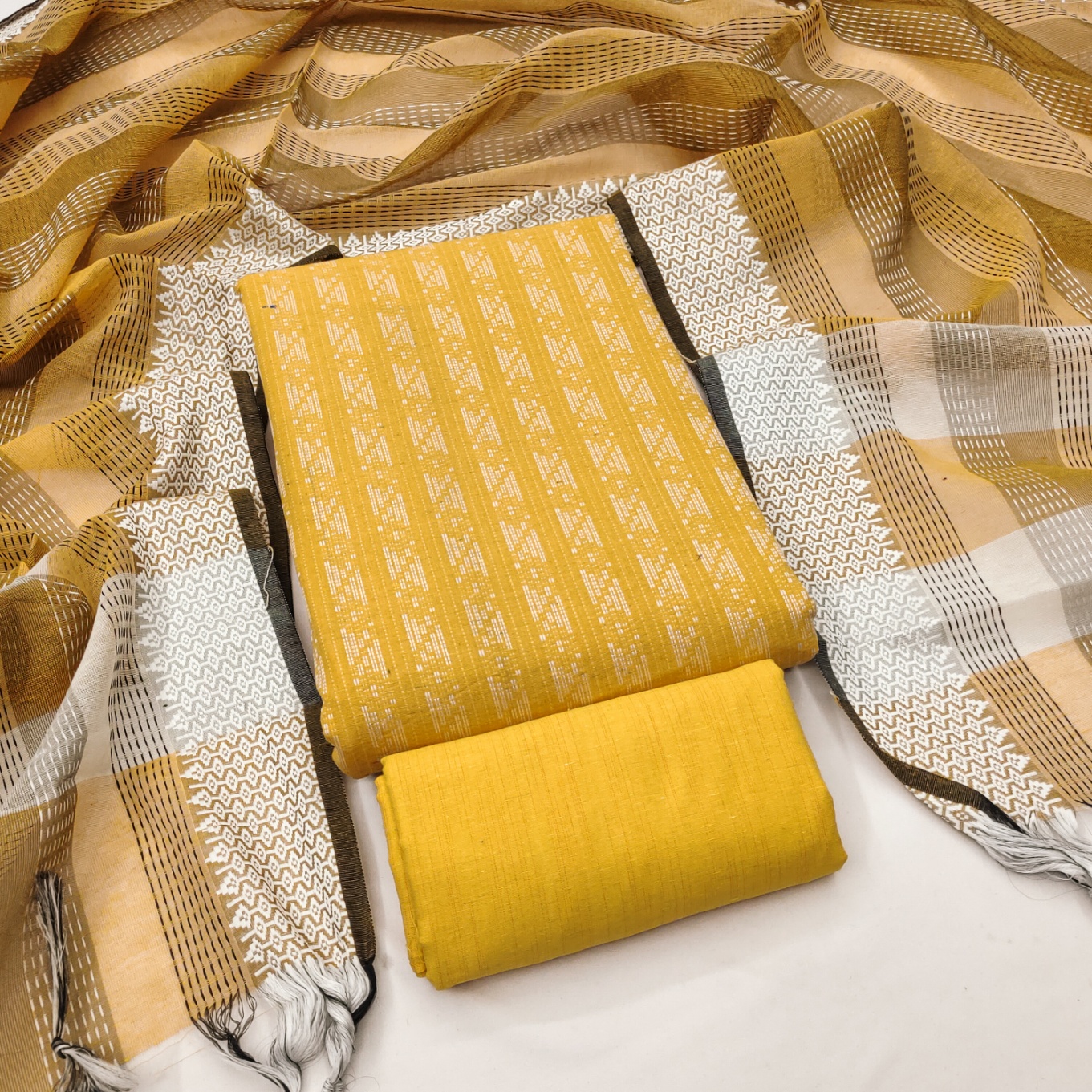 Yellow Striped Weaving Cotton Straight Salwar Suit