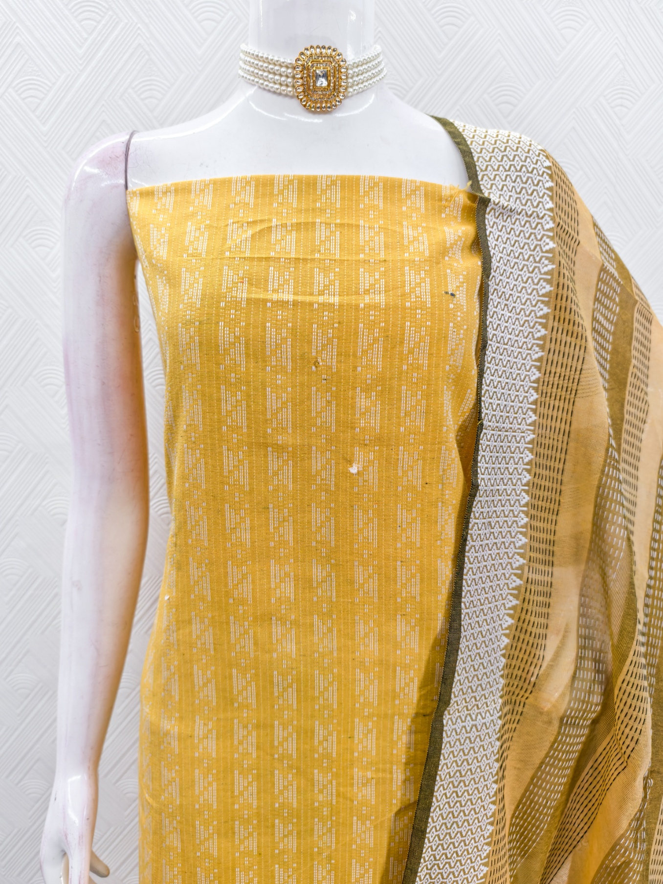Yellow Striped Weaving Cotton Straight Salwar Suit