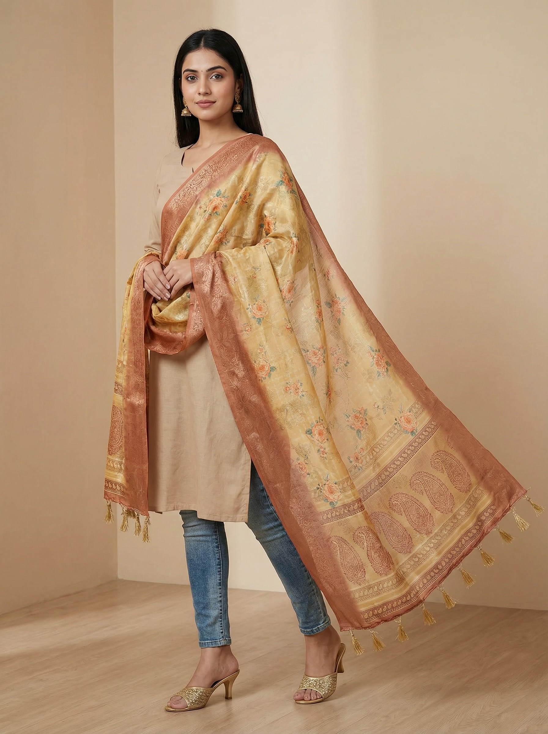 Yellow Sunflower Bloom Print Jacquard Silk Designer Dupatta