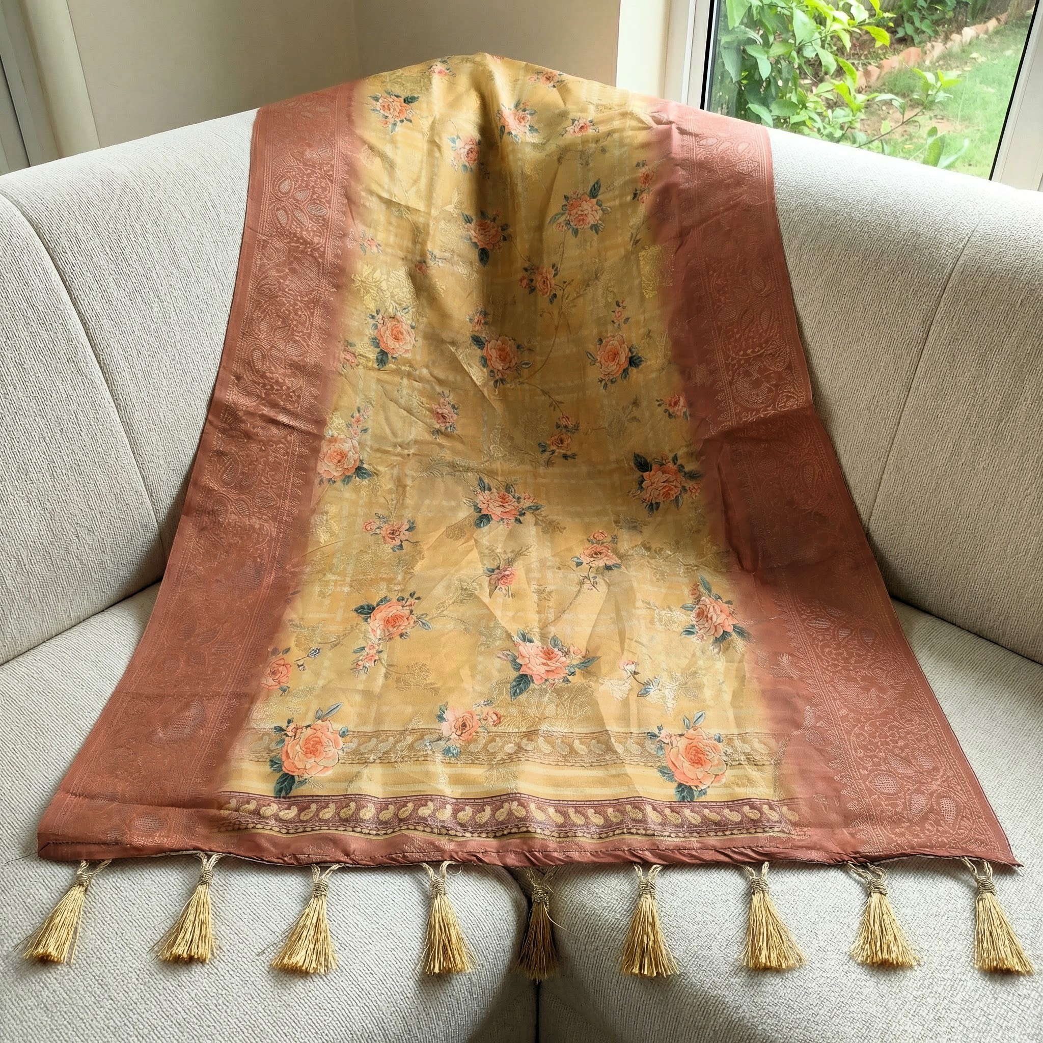 Yellow Sunflower Bloom Print Jacquard Silk Designer Dupatta