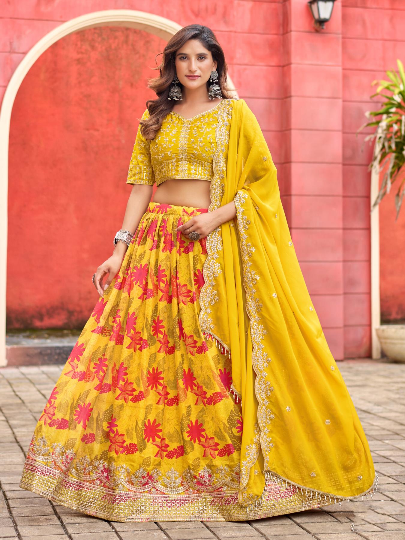 Yellow Taby Silk Semi-Stitched Lehenga Choli