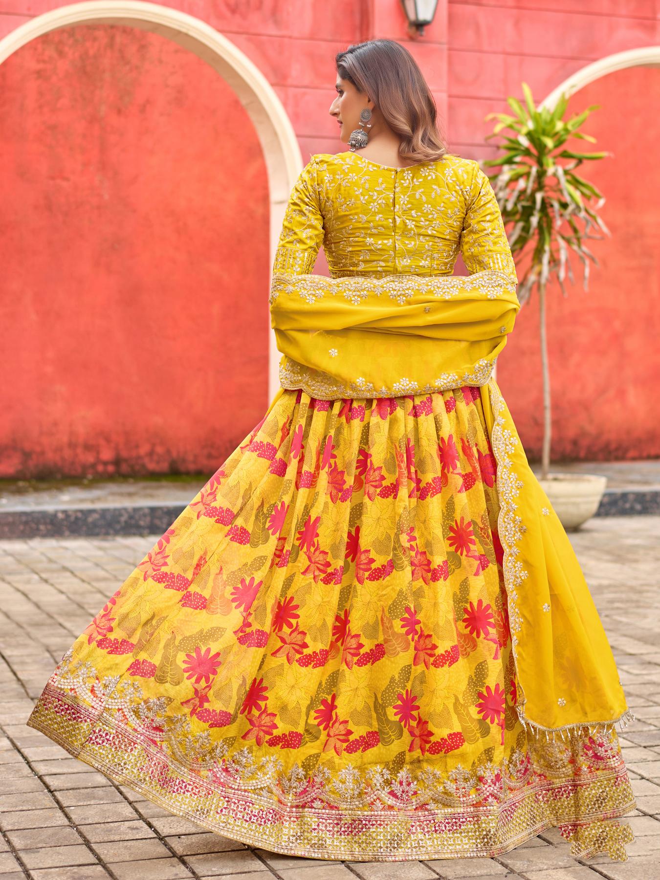 Yellow Taby Silk Semi-Stitched Lehenga Choli