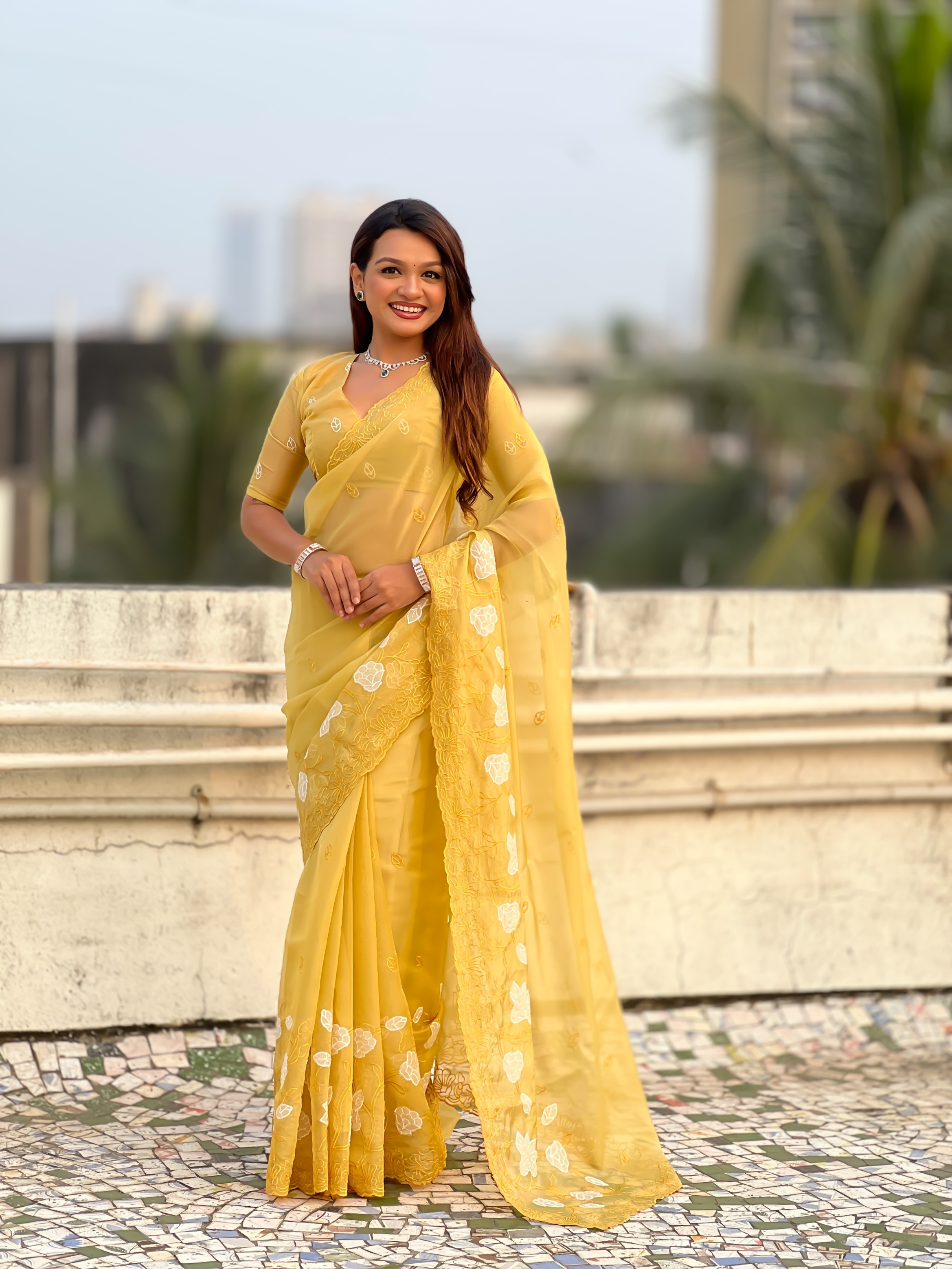 Yellow Thread Embroidered Chanderi Kora Silk Saree