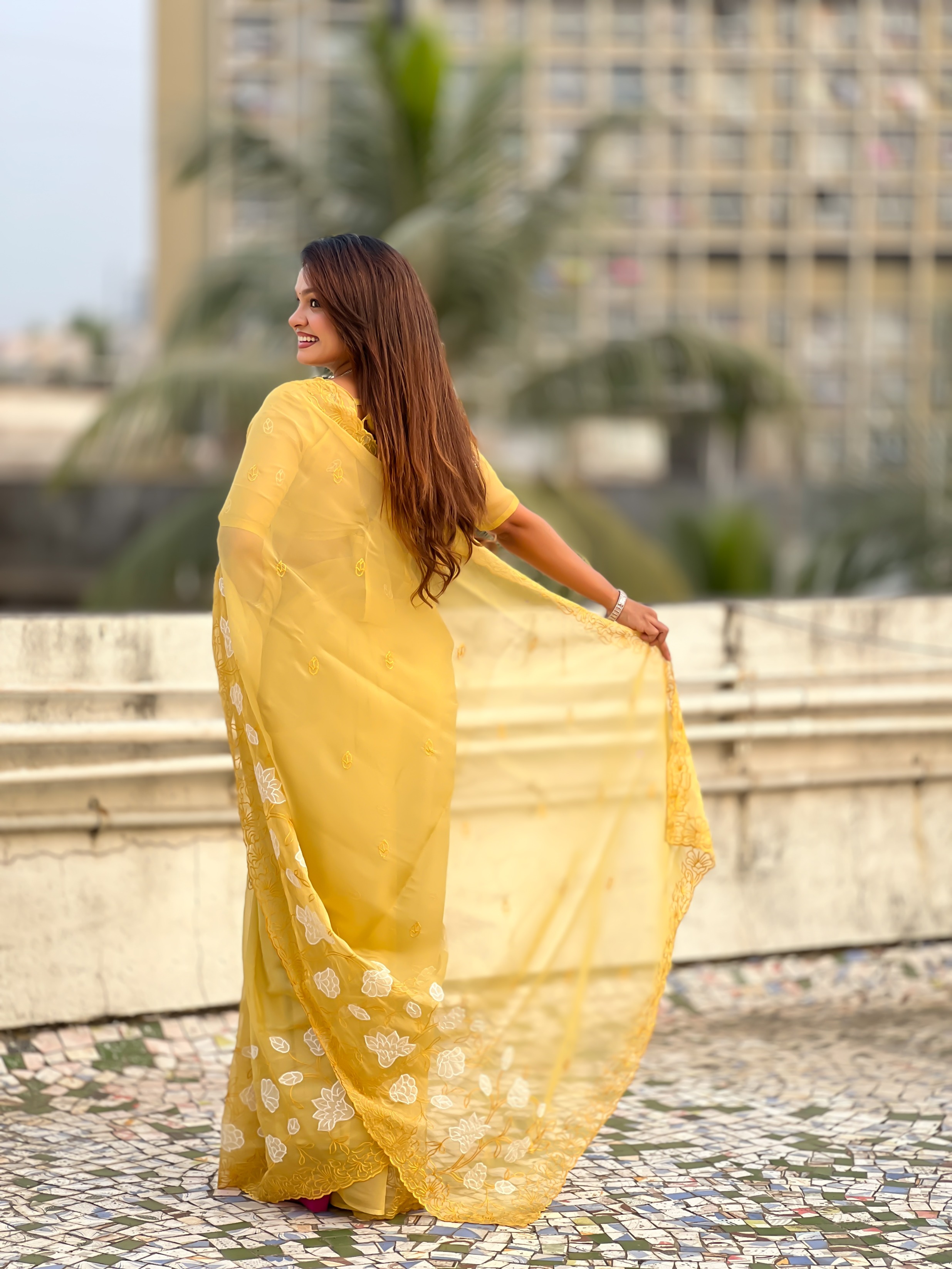 Yellow Thread Embroidered Chanderi Kora Silk Saree — alternate view