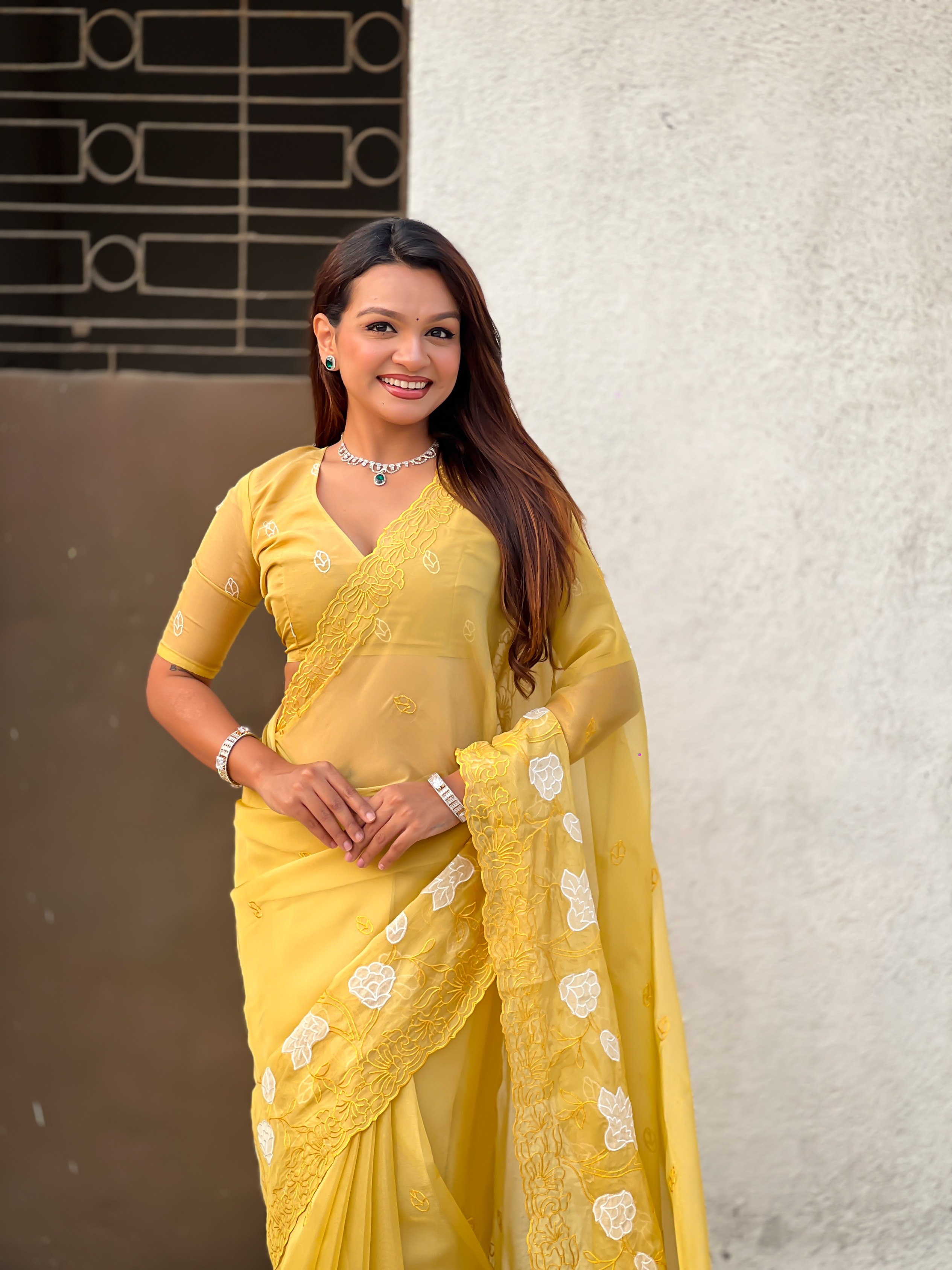 Yellow Thread Embroidered Chanderi Kora Silk Saree