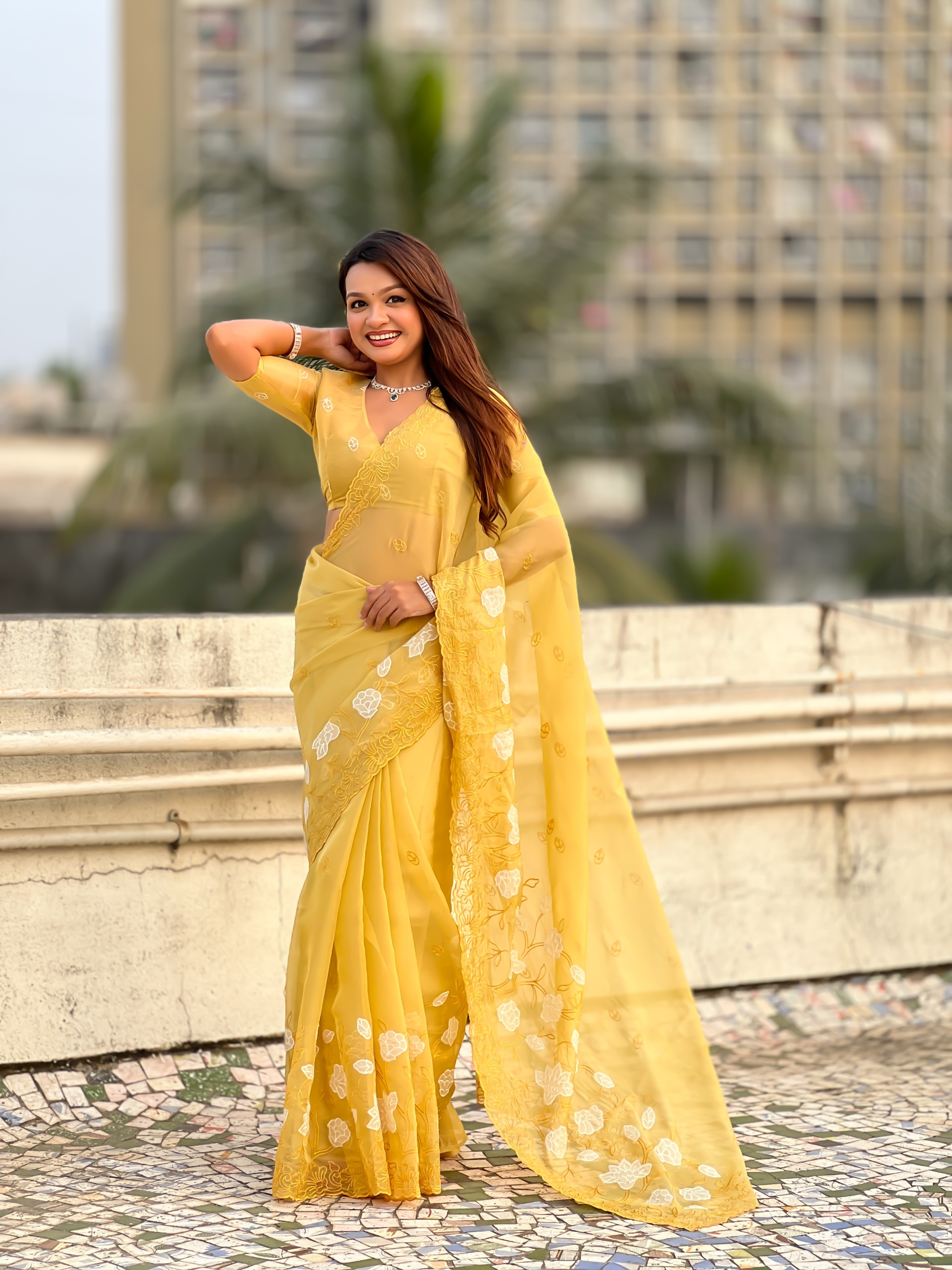Yellow Thread Embroidered Chanderi Kora Silk Saree