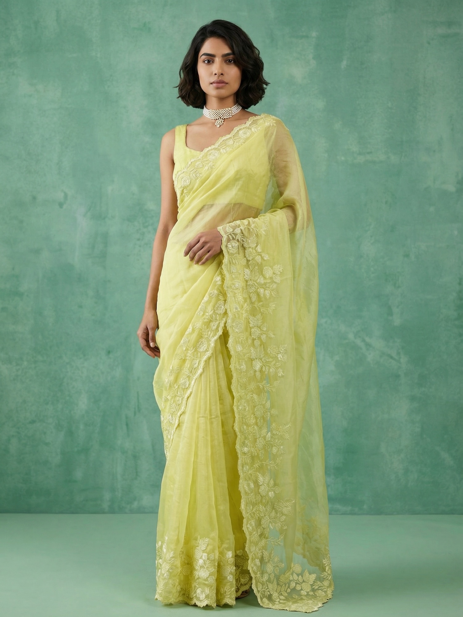 Yellow Thread Embroidery Chanda Silk Saree